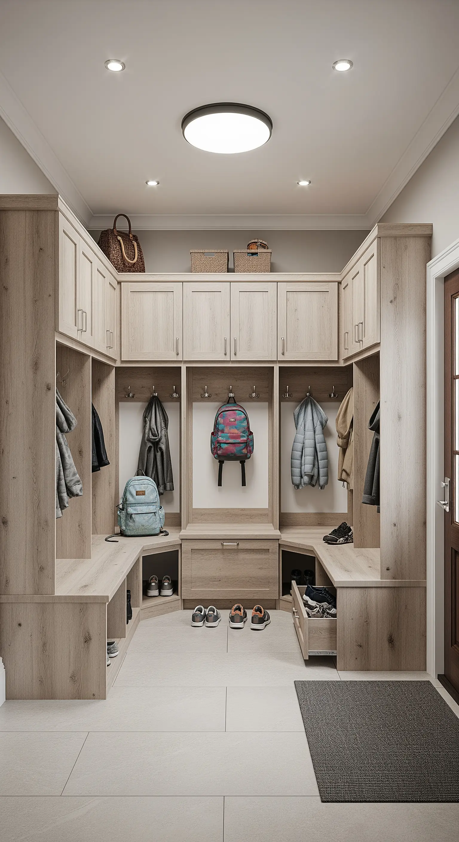 Ingresso con mobile contenitore a U in legno chiaro, con panche, ganci e armadietti.