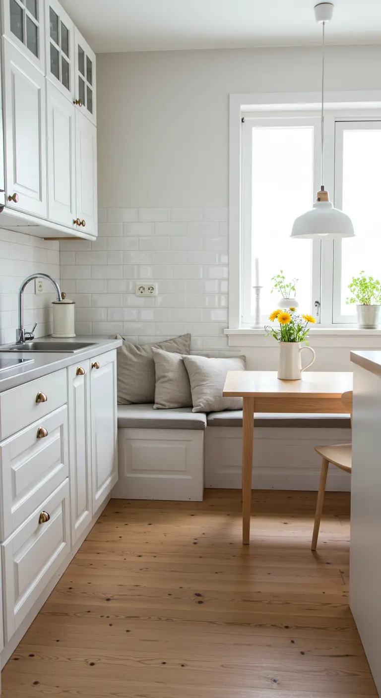 Angolo pranzo in cucina con panca contenitore bianca, tavolo in legno e cuscini.