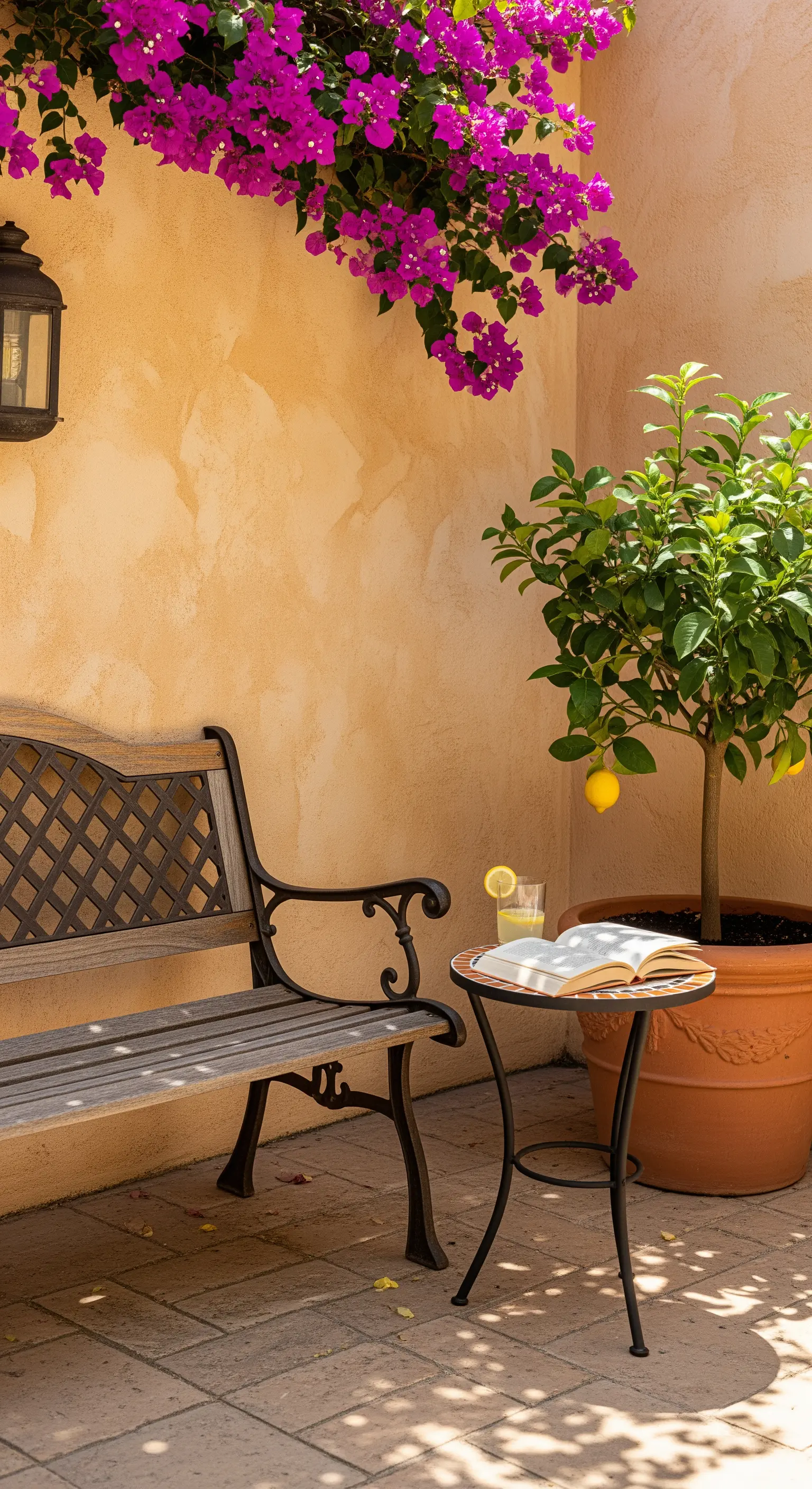 Angolo lettura con panca, tavolino, un libro aperto e un albero di limoni in vaso.