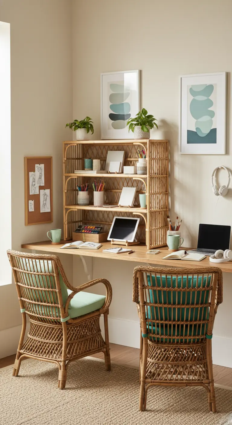 Lunga scrivania a parete con due postazioni, separate da una libreria in rattan.