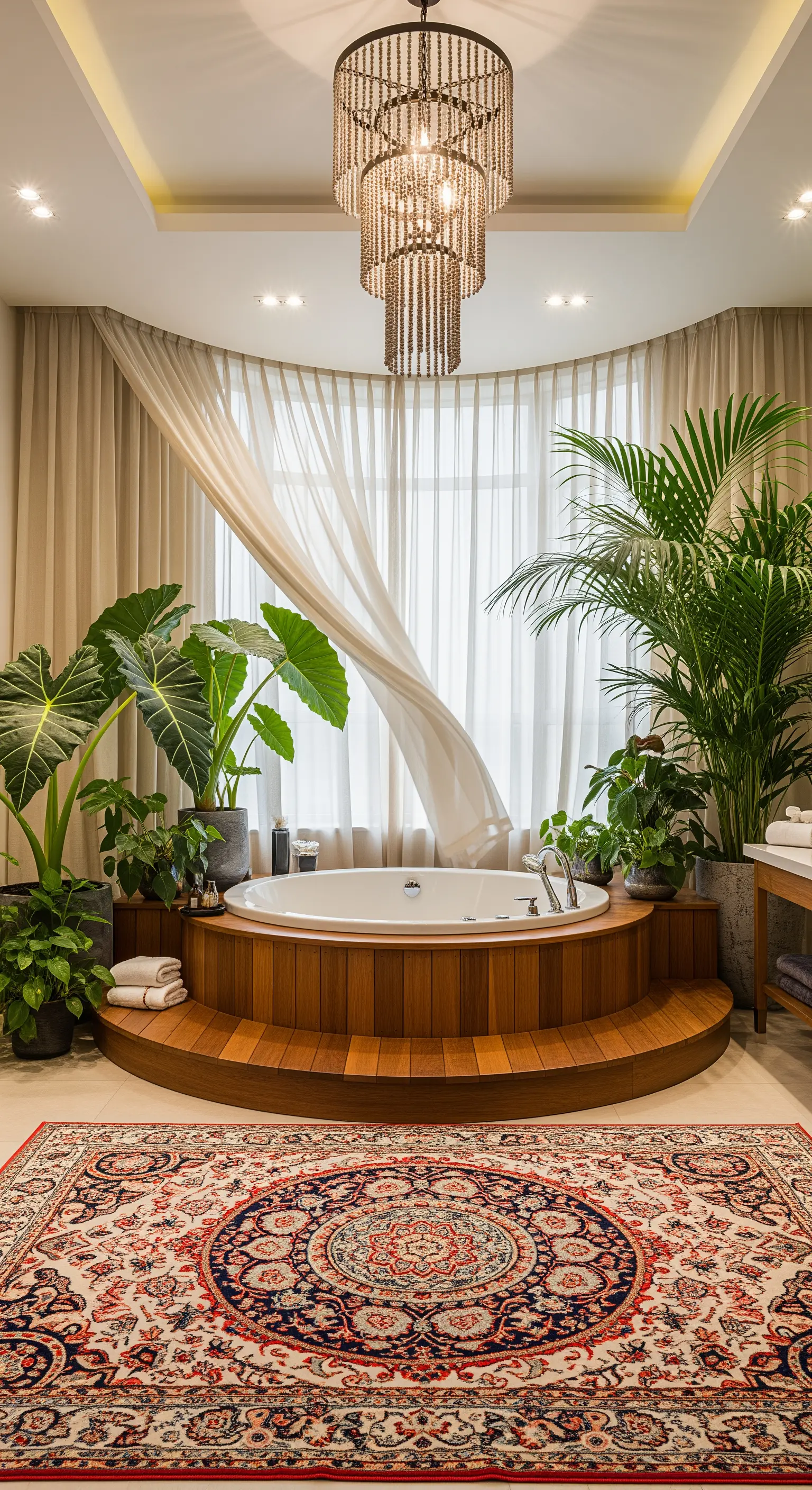 Bagno di lusso con vasca idromassaggio rotonda, grande tappeto persiano e lampadario a cascata.