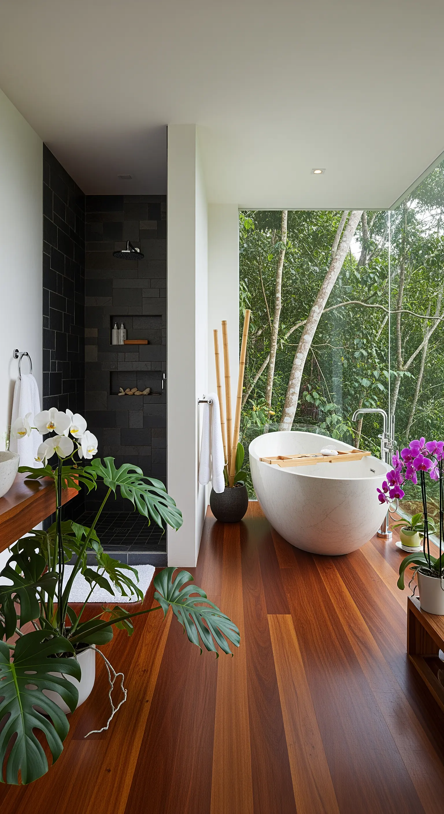 Bagno spa con parquet in teak, doccia in ardesia e vasca freestanding davanti a una vetrata sulla giungla.