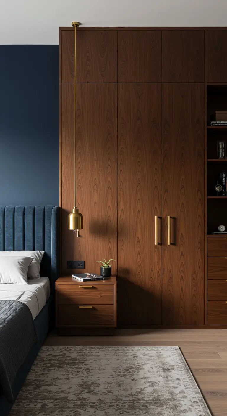 Comodino in legno scuro integrato in un'armadiatura su misura, accanto a un letto blu.