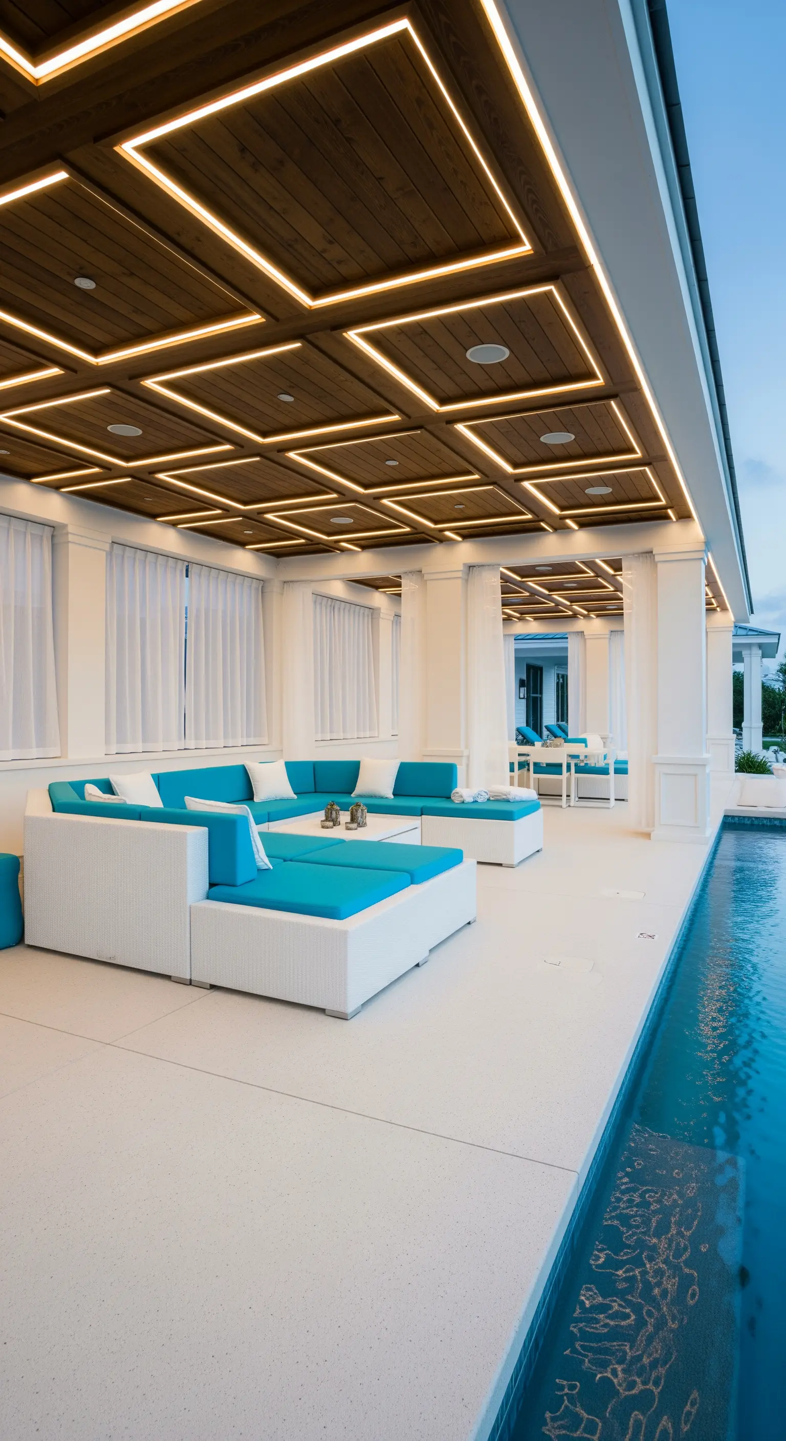 Portico a bordo piscina con soffitto a cassettoni e illuminazione LED geometrica, arredi bianchi e turchesi