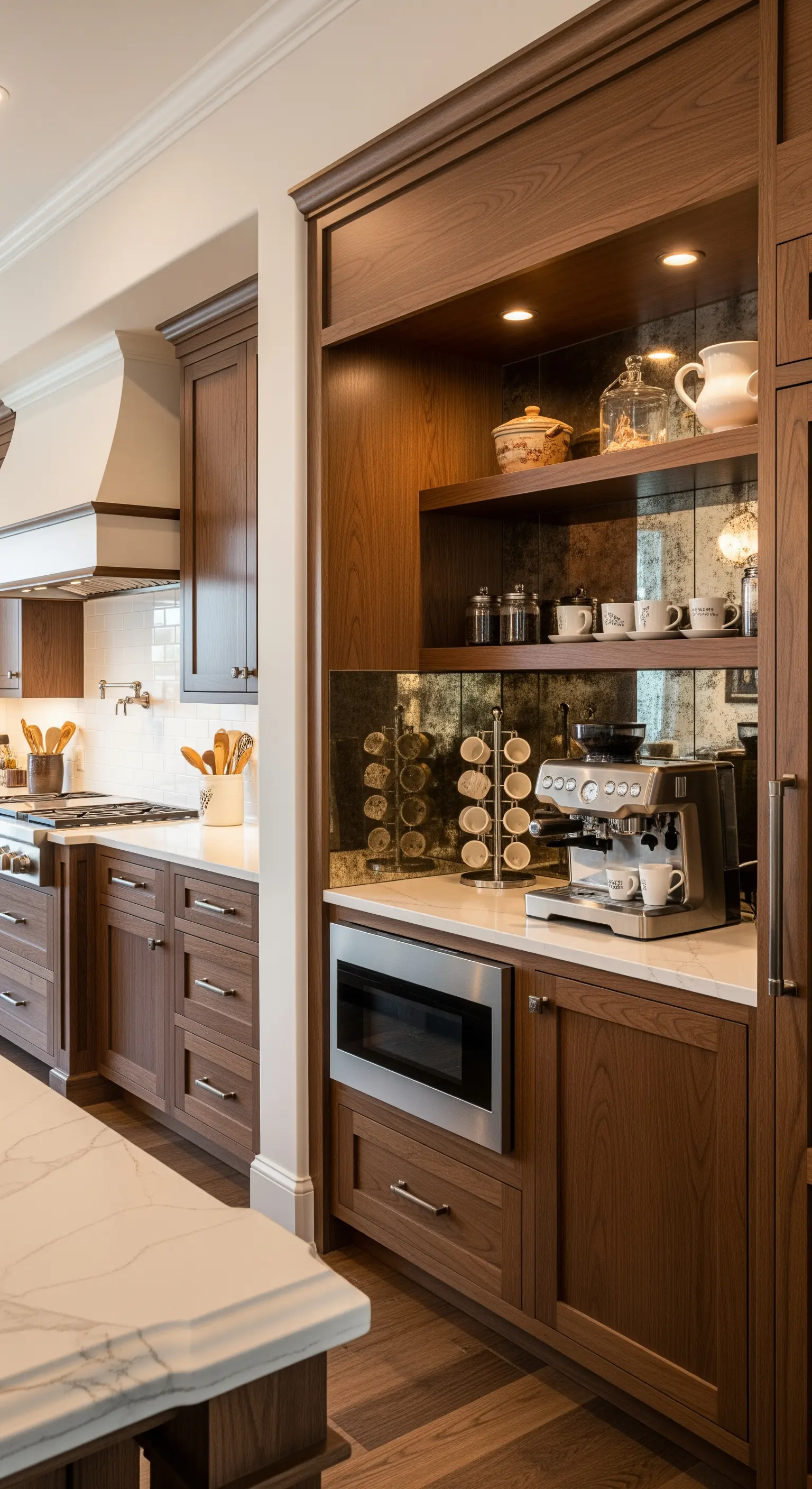 Nicchia per il caffè in legno scuro con fondo a specchio anticato e illuminazione integrata.