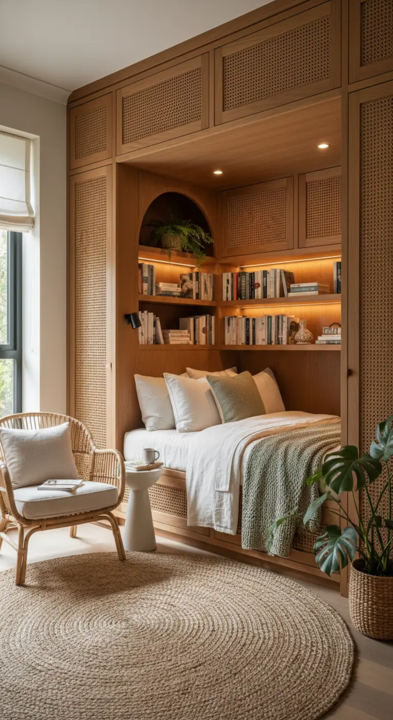 Letto inserito in una nicchia in legno e paglia di Vienna con mensole e illuminazione integrate.