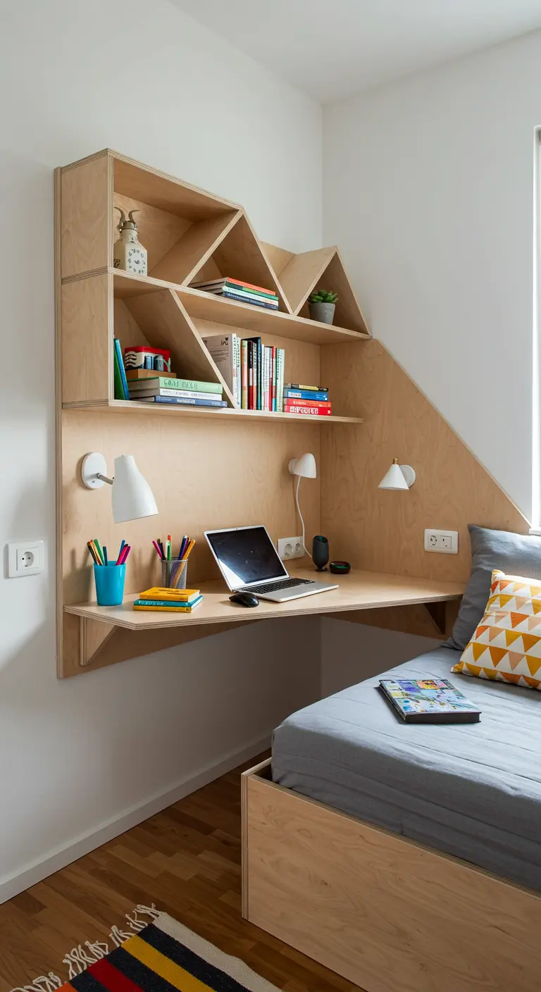 Scrivania e libreria geometrica su misura in compensato, installata sopra un letto.