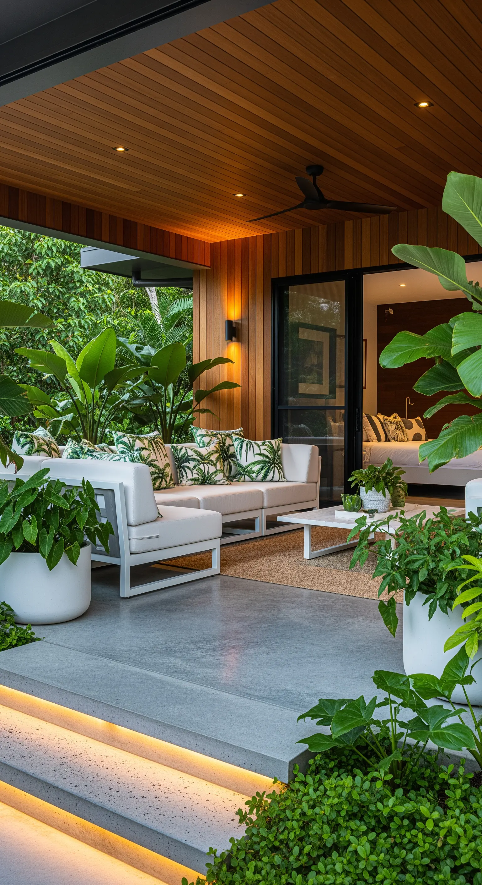 Portico tropicale moderno con divano bianco, piante lussureggianti e gradini illuminati con LED
