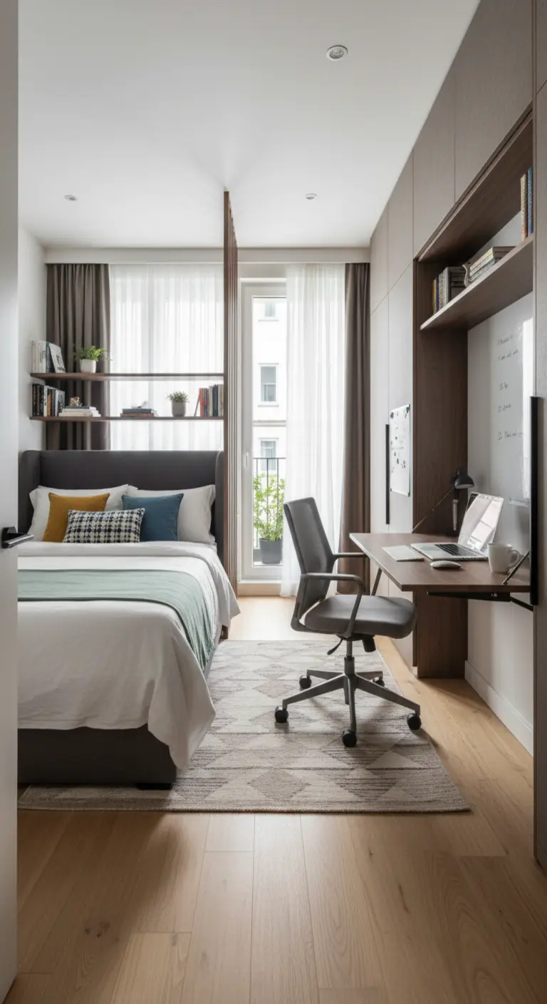 Camera stretta con zona letto e postazione lavoro integrata in un mobile a parete in legno.