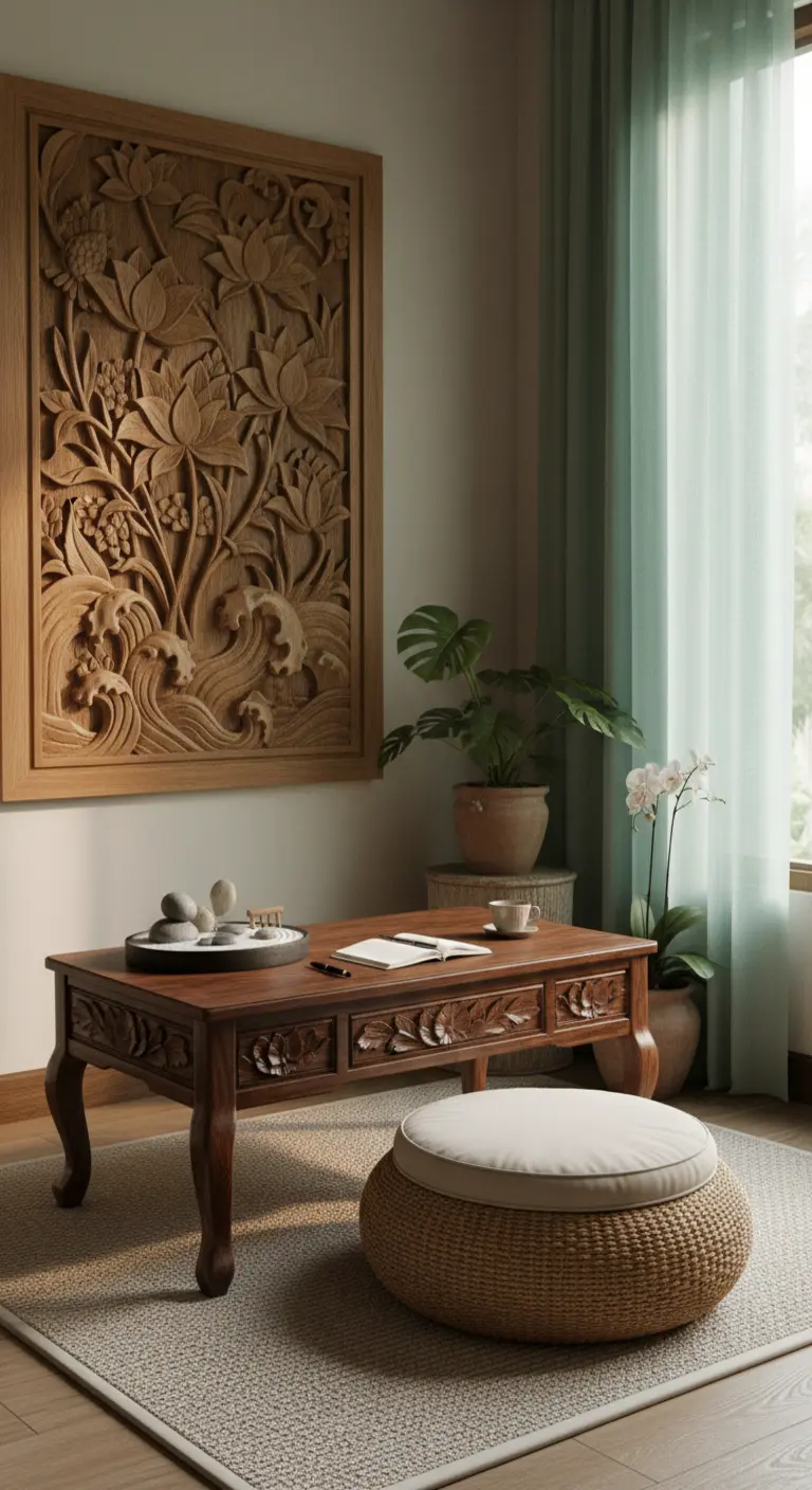 Tavolino basso in legno intagliato con cuscino da terra, di fronte a un pannello decorativo.