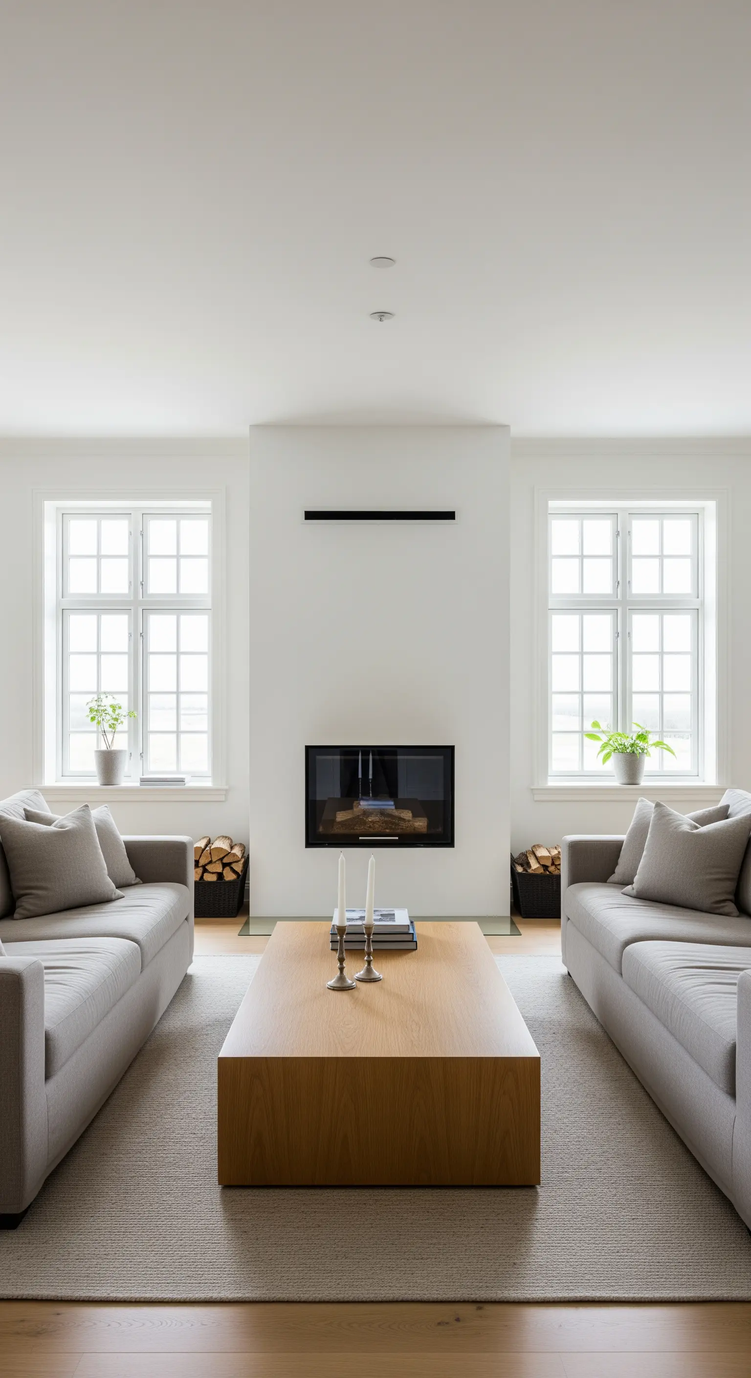 Salotto simmetrico con due divani grigi uno di fronte all'altro e un camino minimalista.