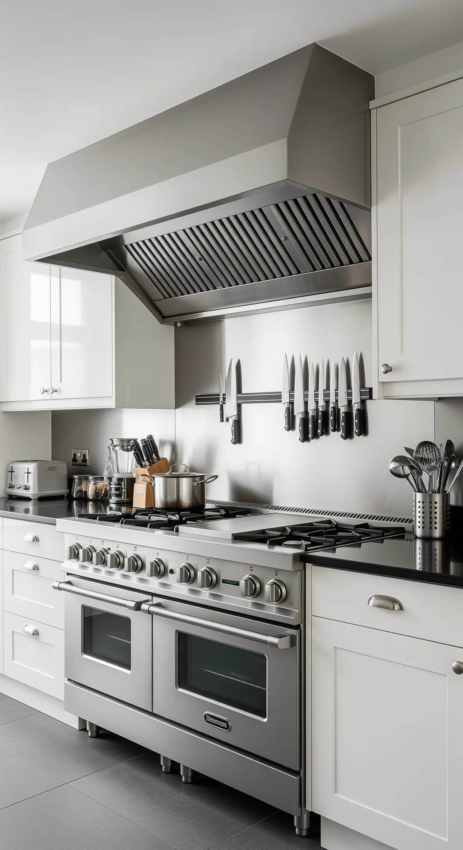 Cucina professionale con grande cappa e fornelli in acciaio, tra mobili bianchi.