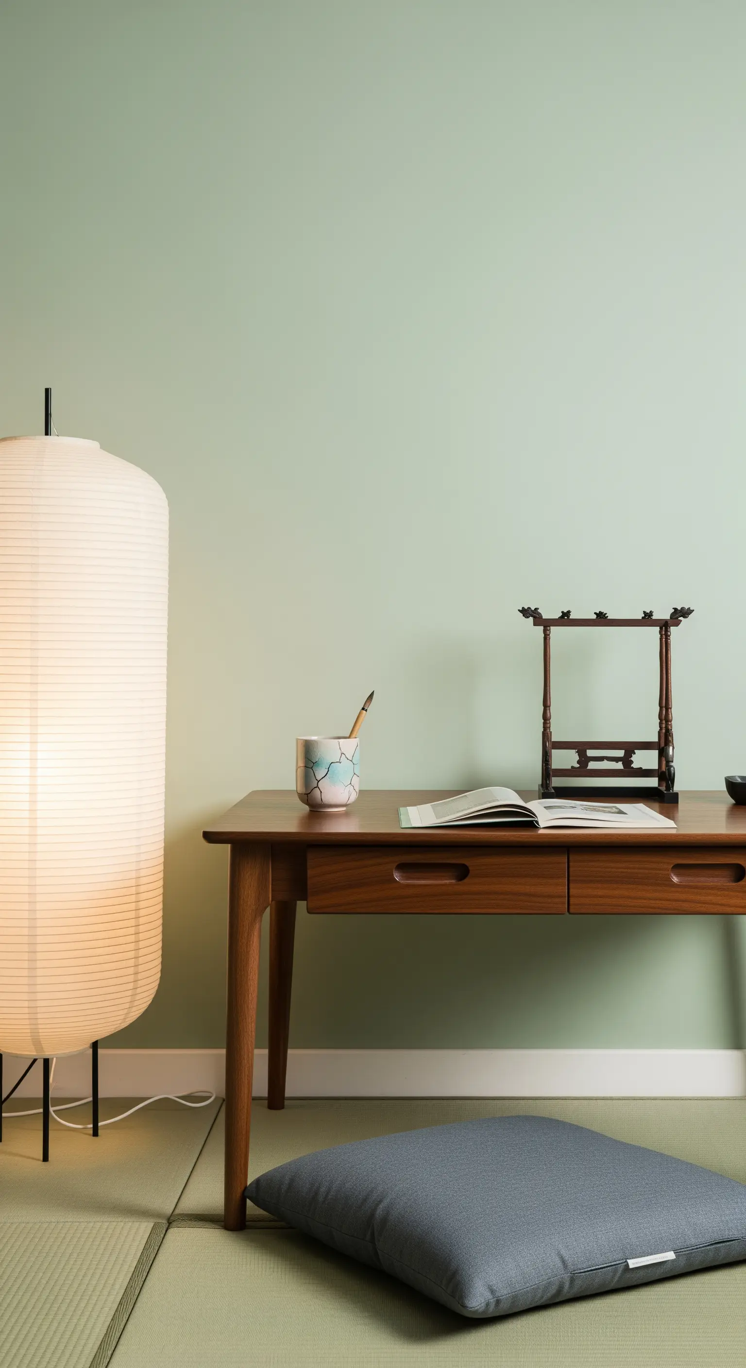 Scrivania bassa in legno in stile giapponese con cuscino e lampada di carta di riso.