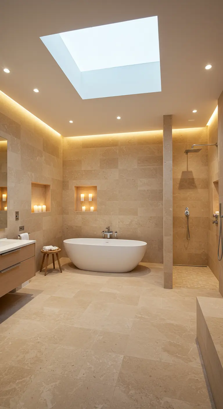 Bagno in travertino beige con illuminazione a LED integrata nel soffitto e nelle nicchie.