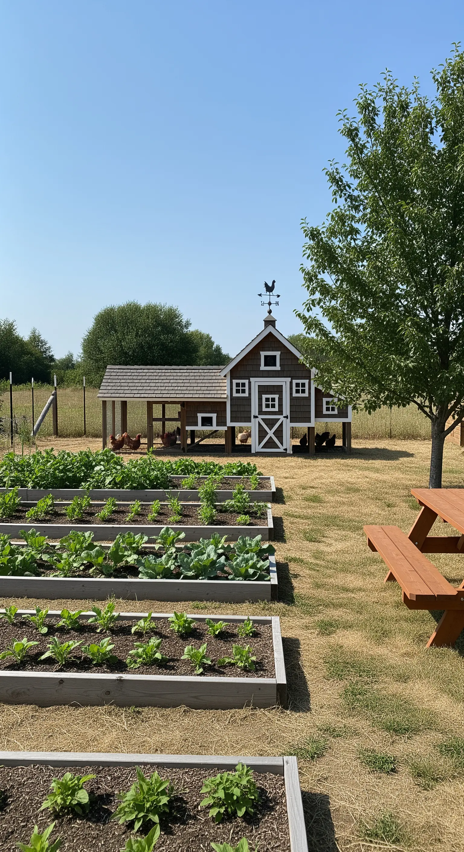 Vista d'insieme di un orto con aiuole rialzate in fila e un pollaio in stile rustico.