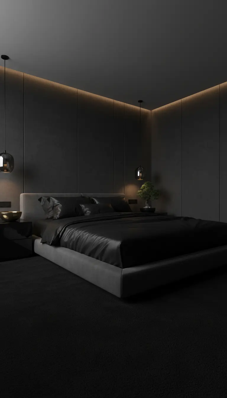 Camera da letto scura e minimalista con letto basso e illuminazione indiretta a soffitto.