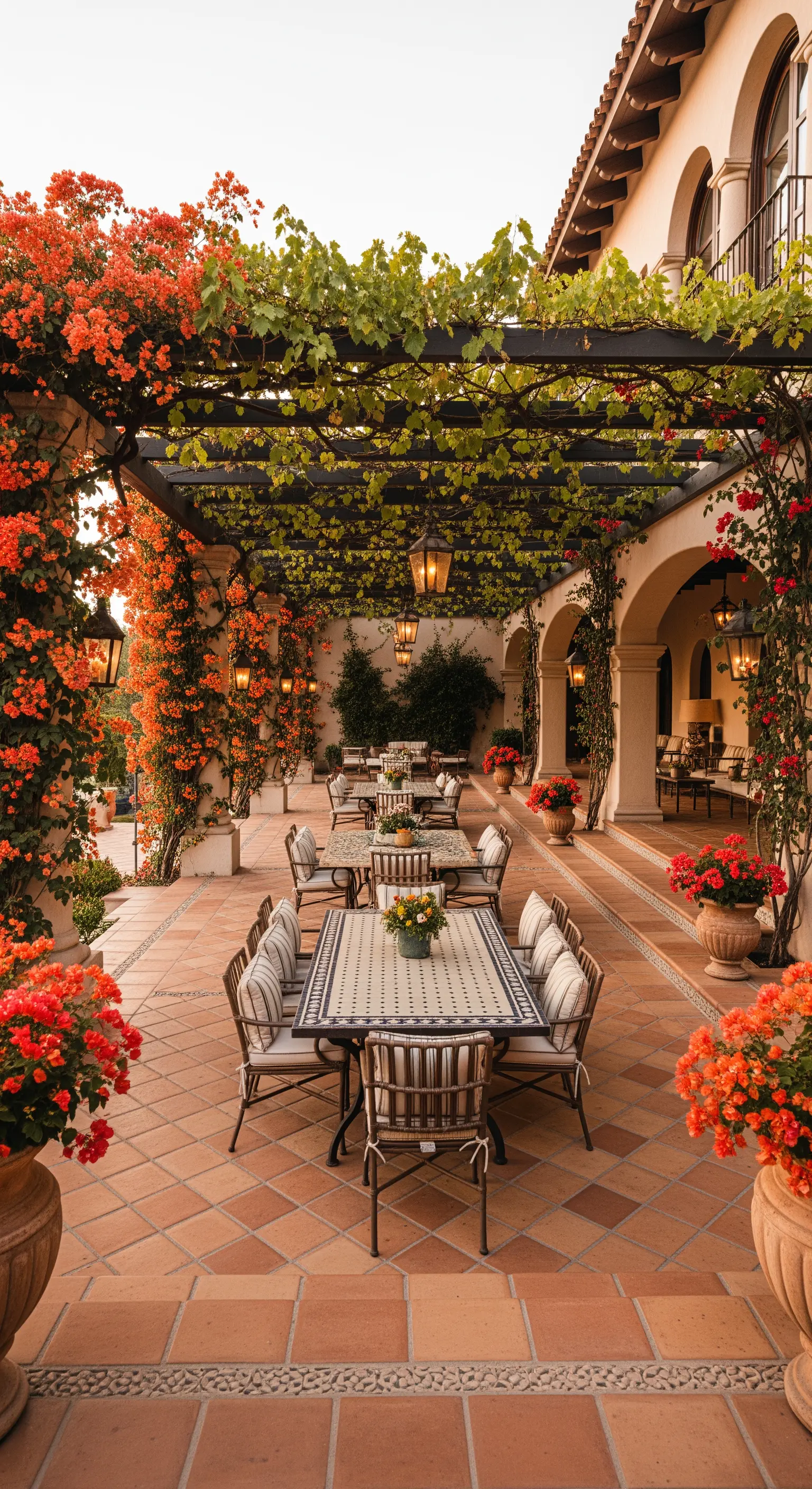 Ampio patio mediterraneo con tavoli in mosaico sotto un pergolato di vite.