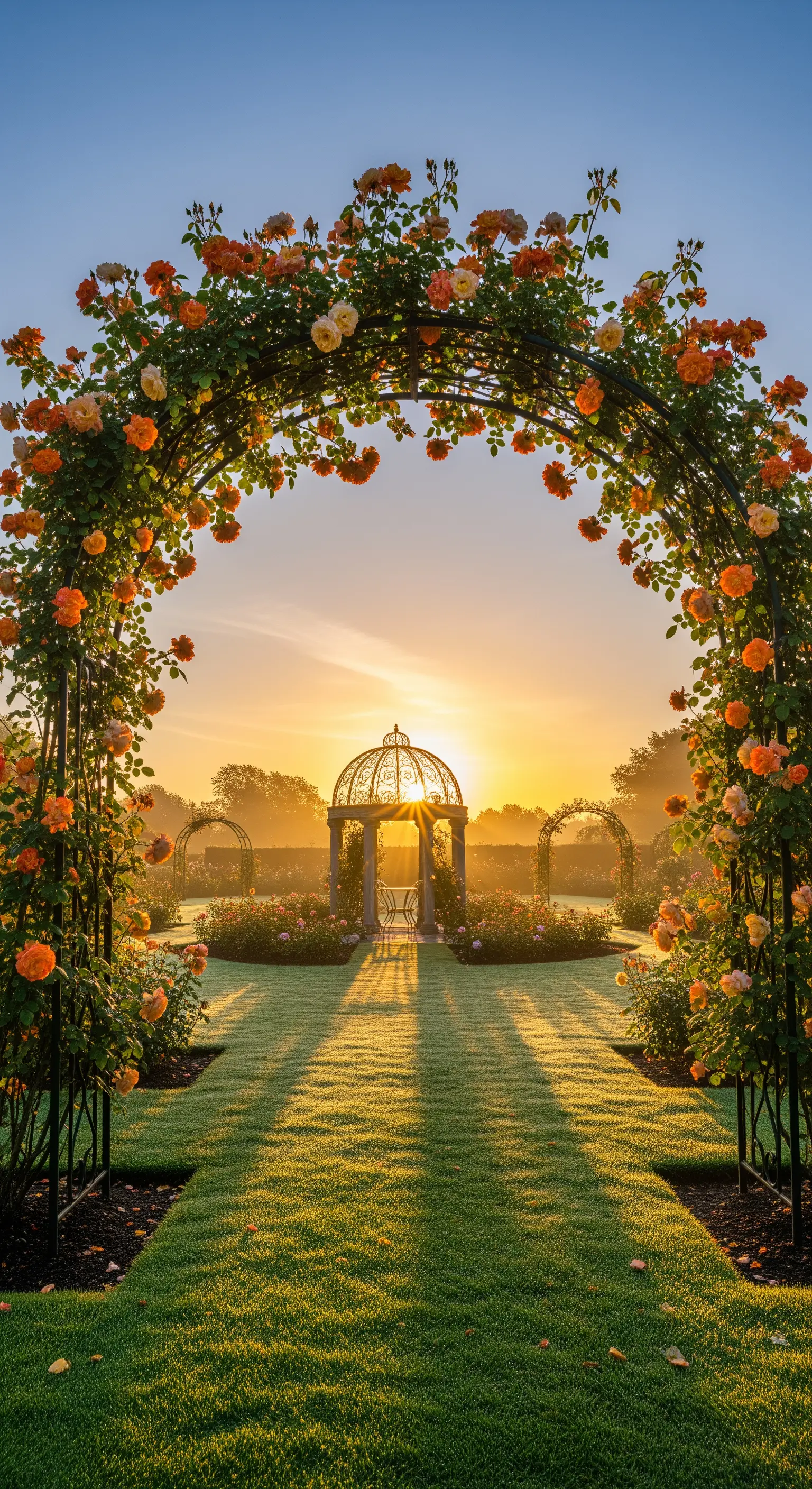Arco di rose arancioni e gialle controluce, con il sole dell'alba che filtra attraverso un gazebo.