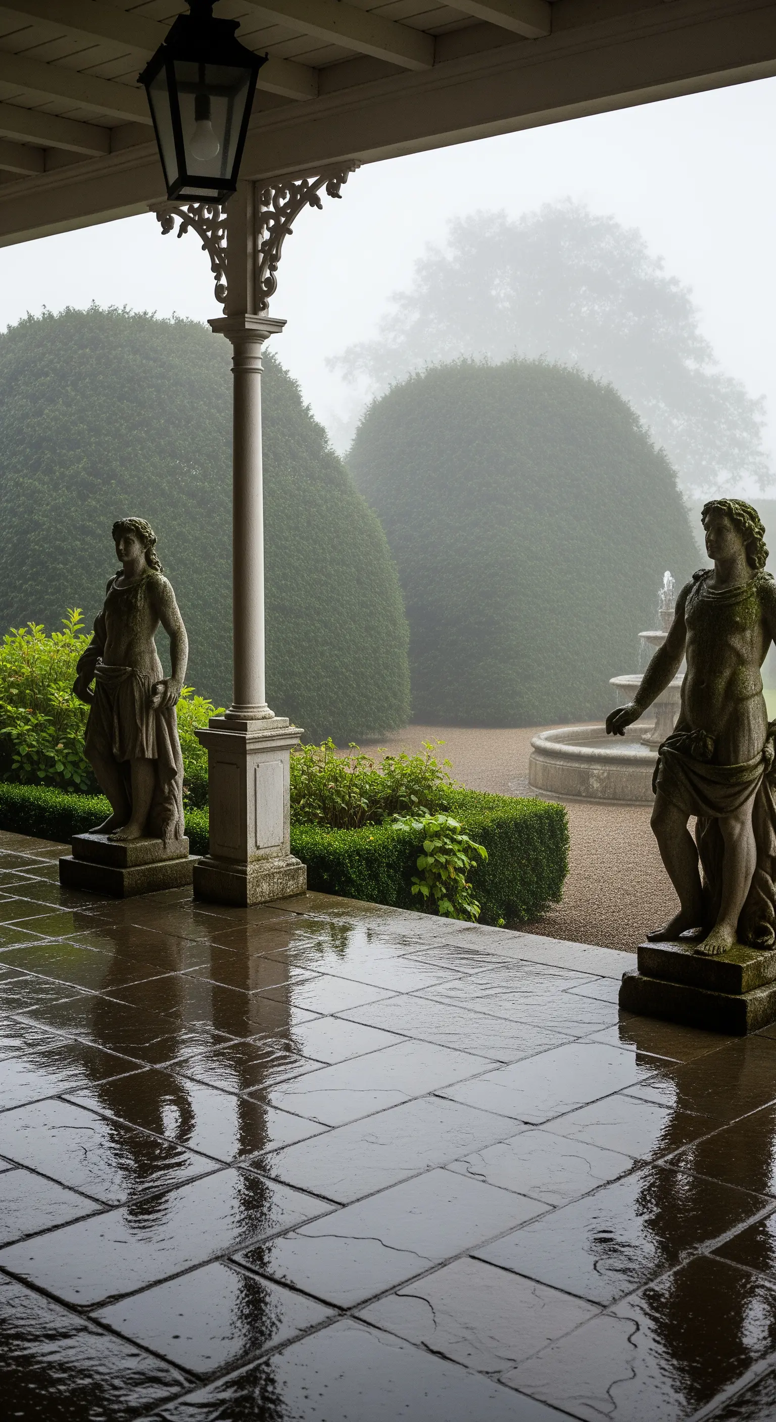 Veranda con pavimento in pietra bagnato dalla pioggia e statue classiche in un giardino nebbioso.