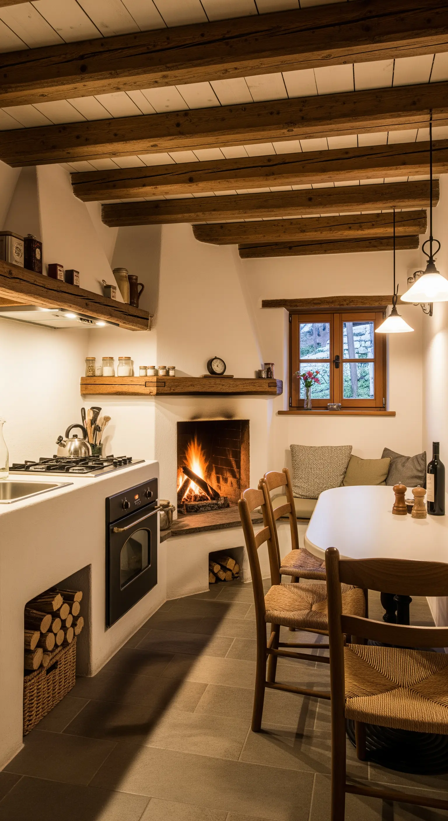 Piccola cucina accogliente con camino integrato, panca ad angolo e travi a vista.