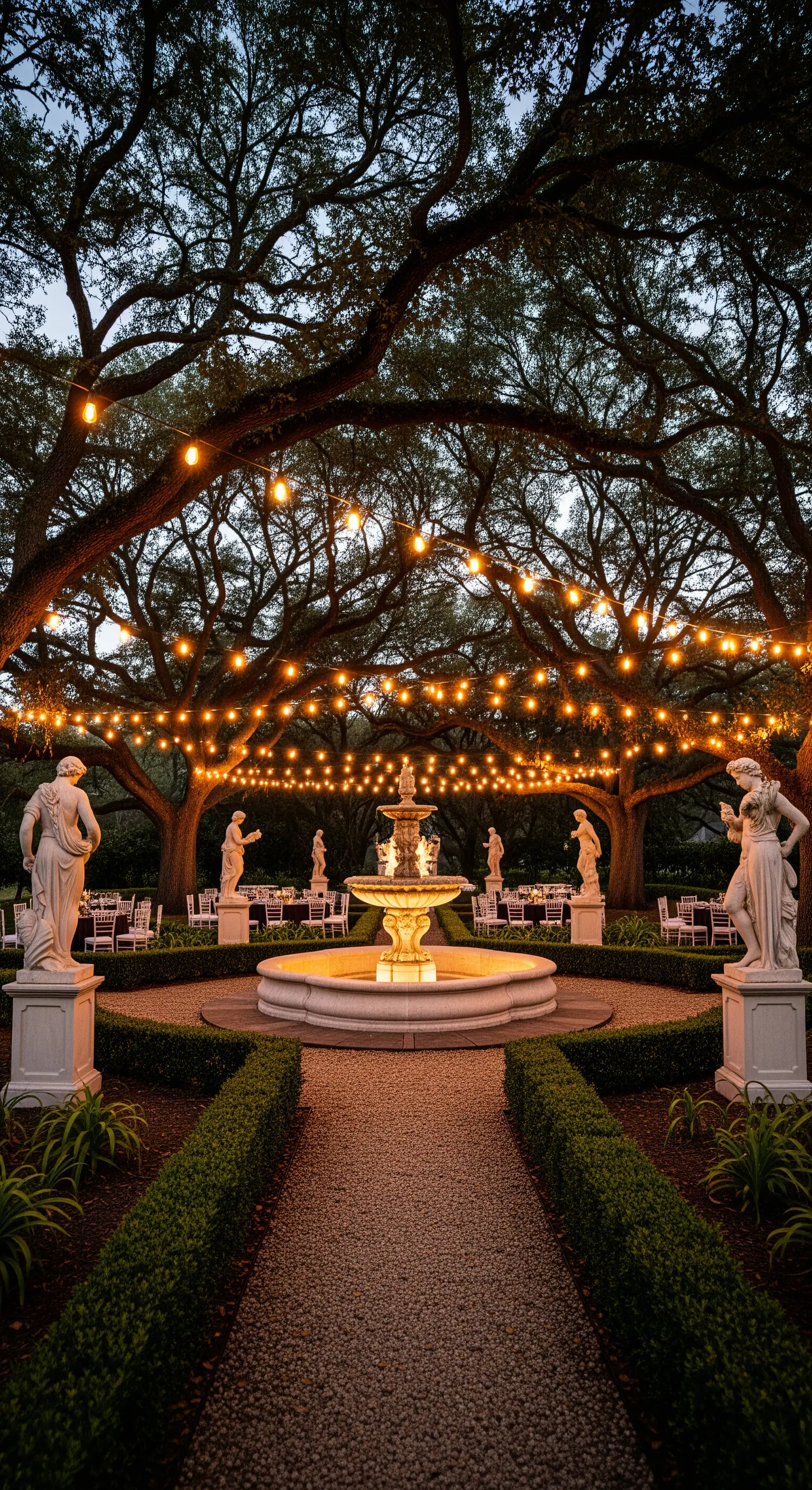 Giardino allestito per un ricevimento serale, con catene di luci tra gli alberi e tavoli apparecchiati.