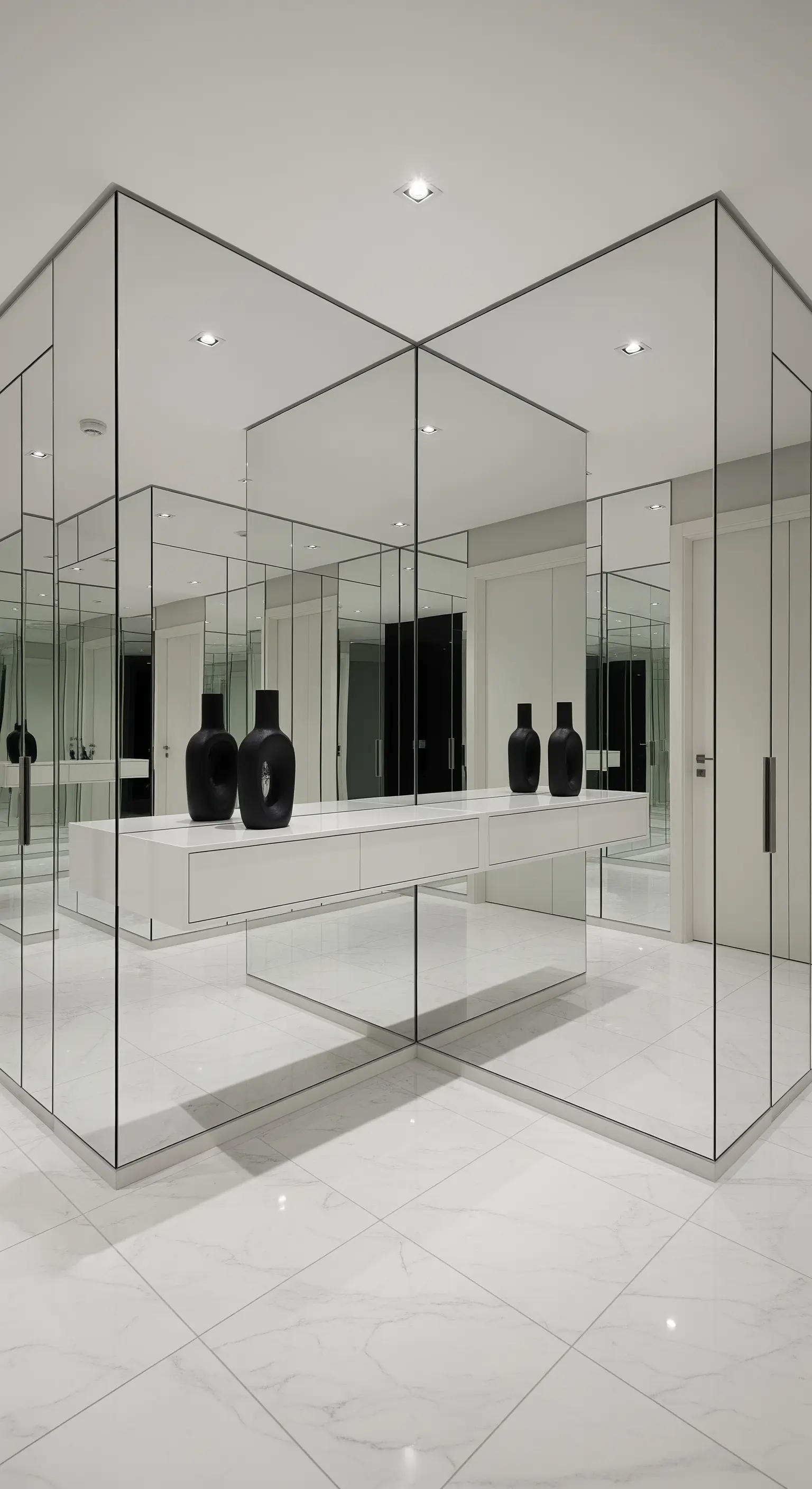 Cabina armadio con pareti interamente specchiate che creano un effetto di riflessi infiniti.