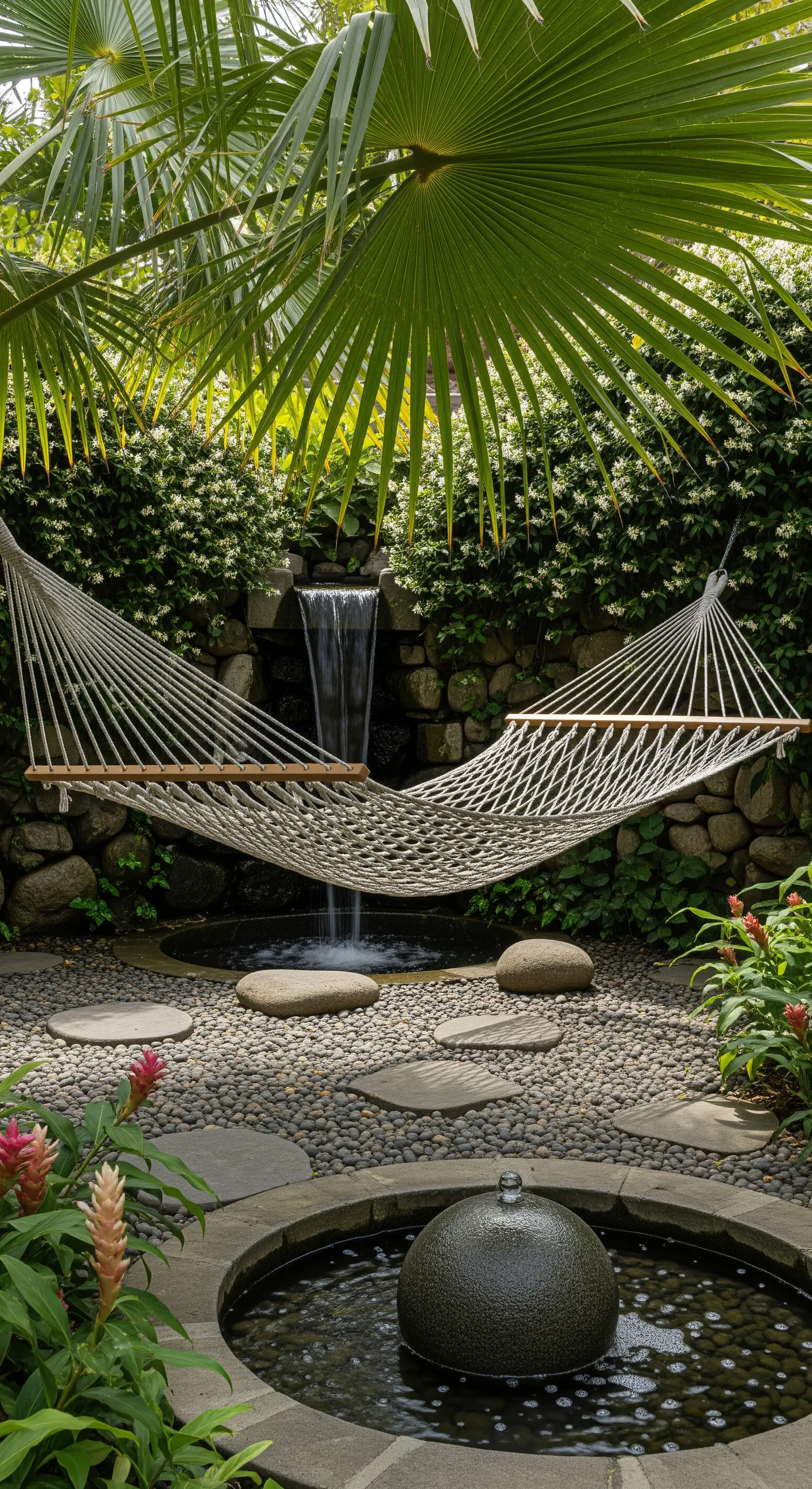 Giardino zen con amaca, cascata, laghetto e sentiero di pietre.