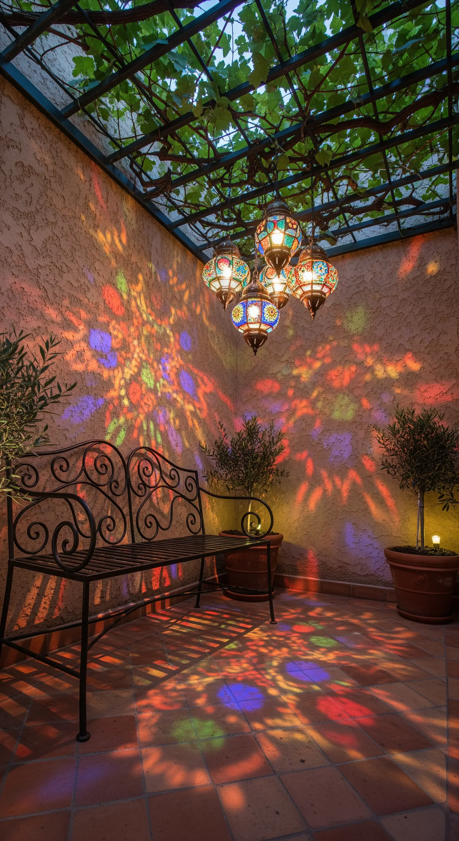 Panchina in ferro battuto illuminata dai riflessi colorati di un lampadario in stile marocchino.