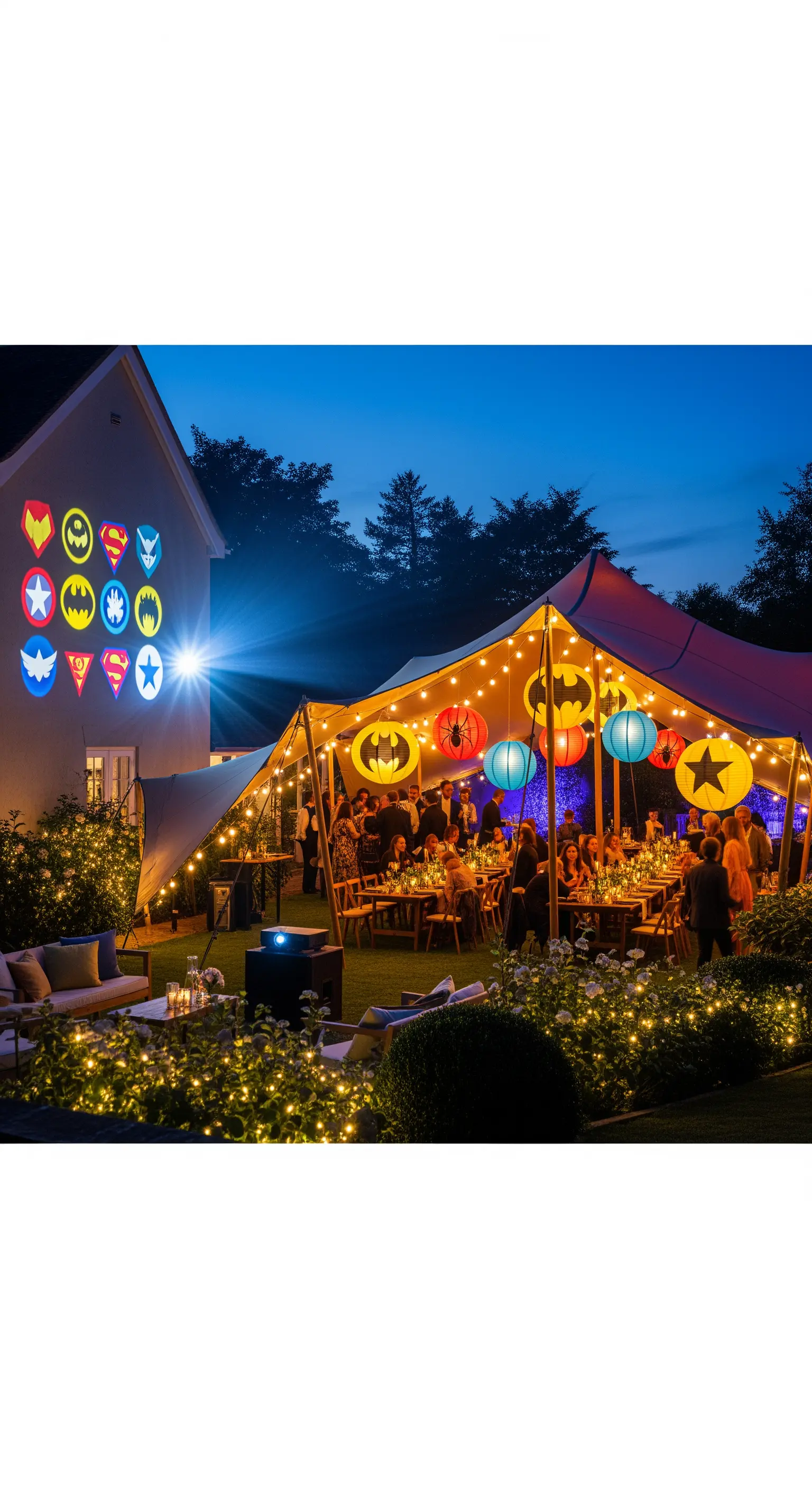 Festa in giardino di sera con loghi di supereroi proiettati su una casa.
