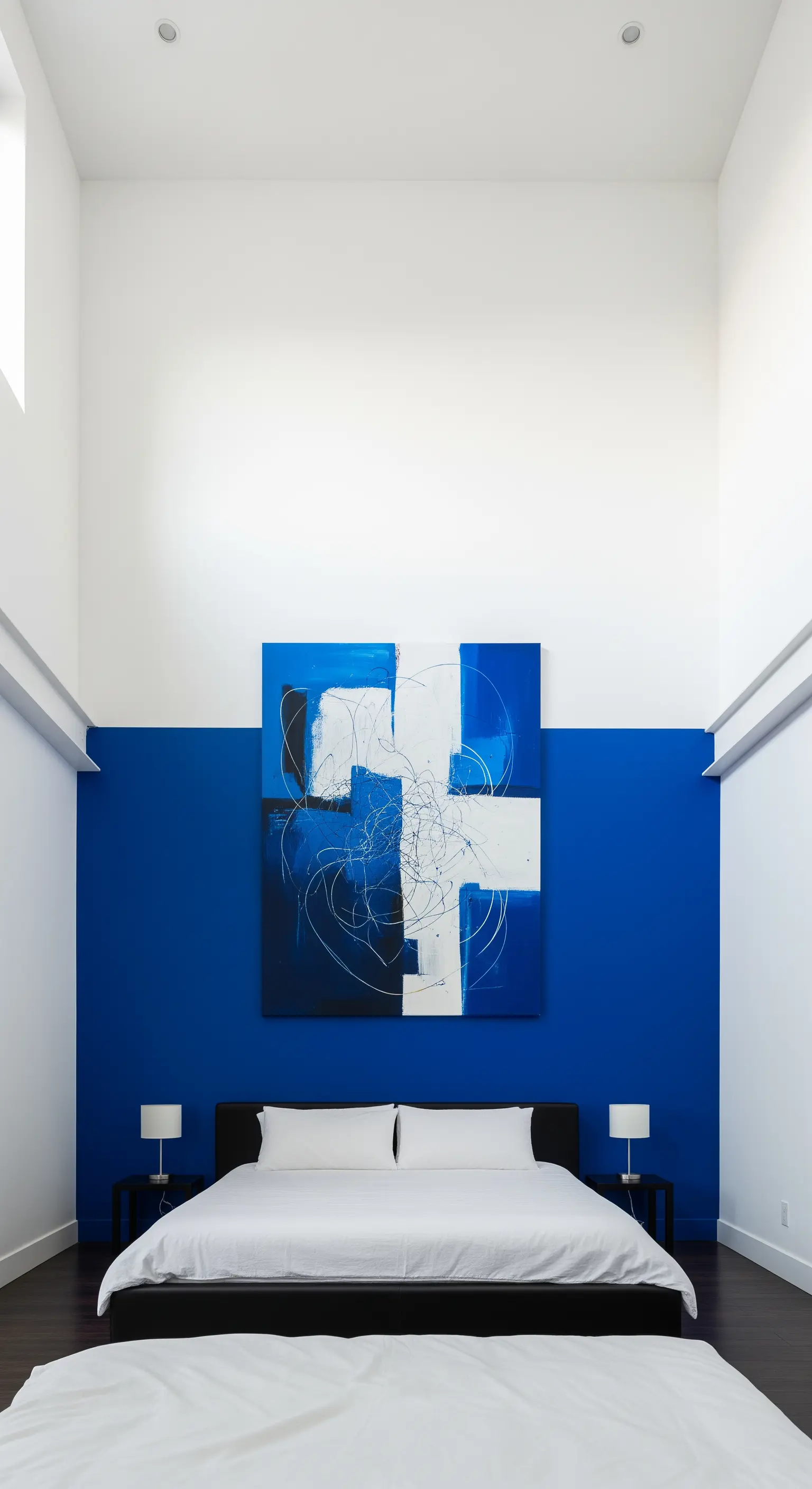 Camera da letto con soffitto alto e una parete dipinta in blu elettrico fino a tre quarti.