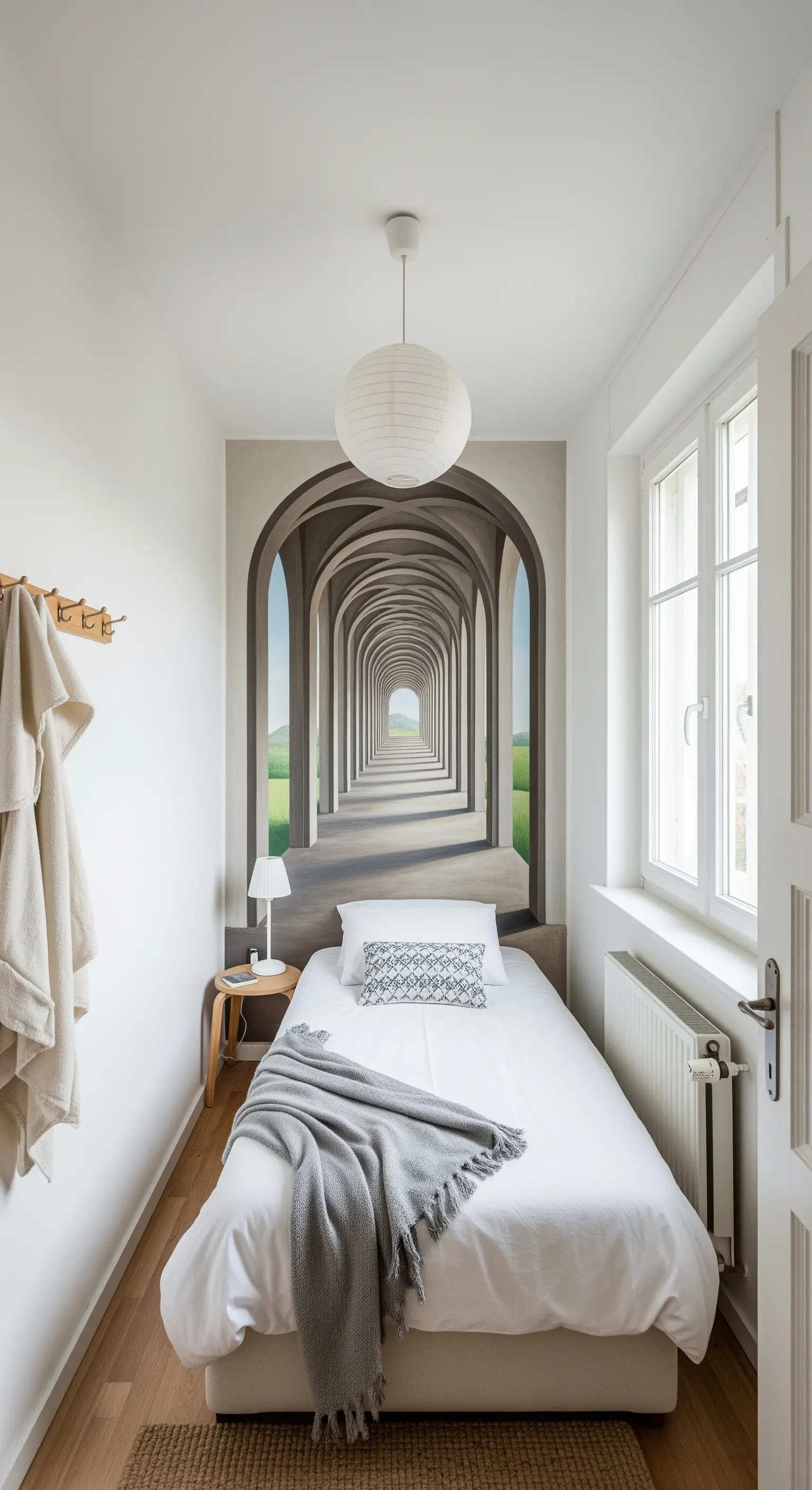 Camera da letto stretta con un murale che crea una prospettiva di un lungo porticato.