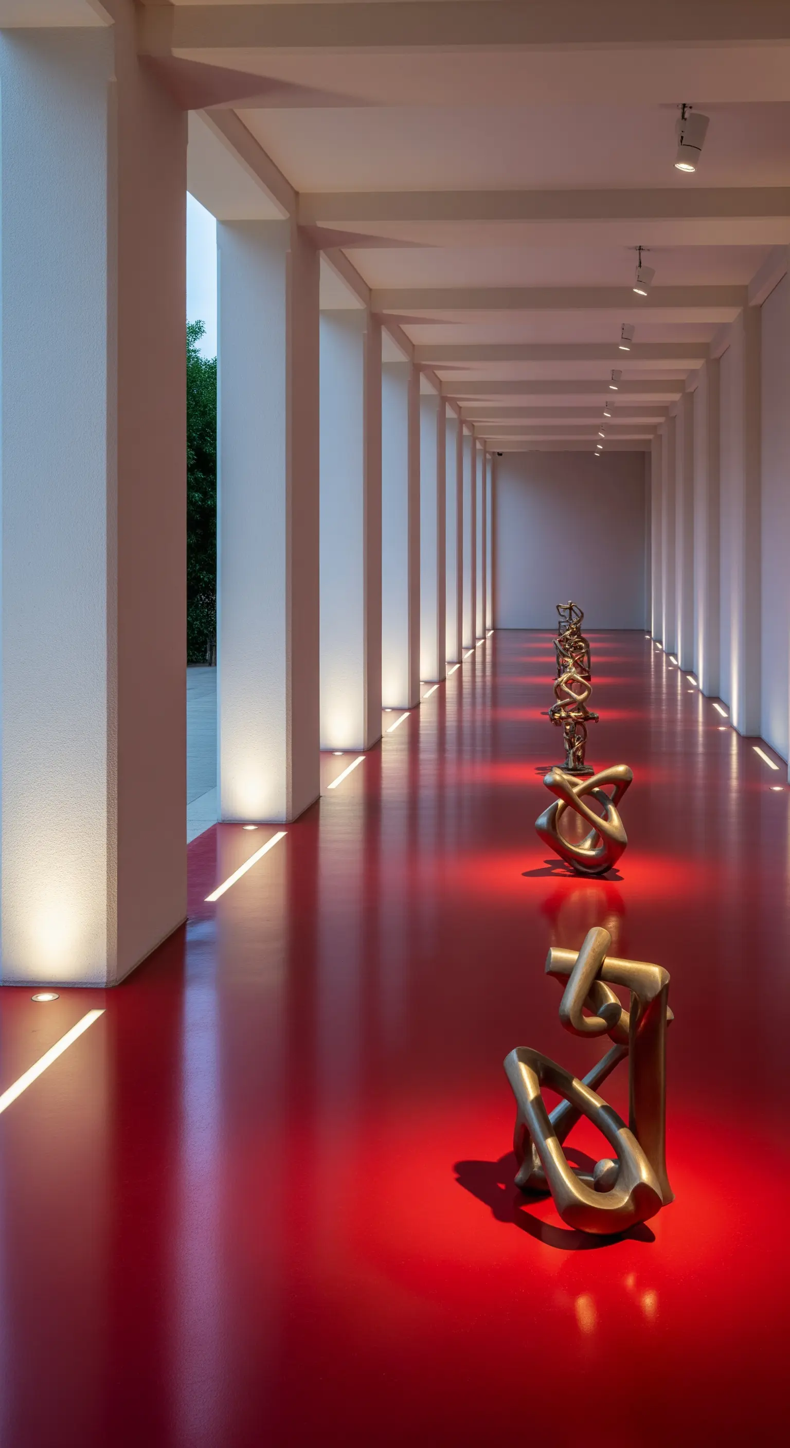 Colonnato con pavimento in resina rosso lucido e una serie di sculture dorate.