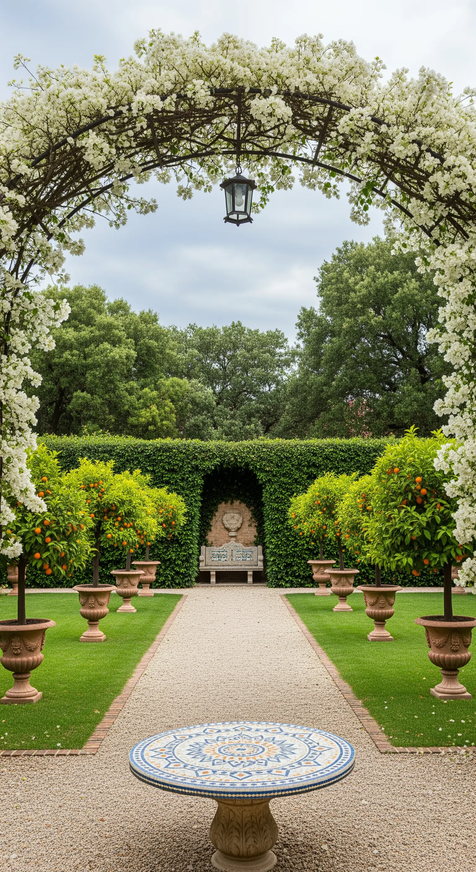 Giardino formale con arco di bouganville bianca, agrumi in vaso e tavolo in mosaico.