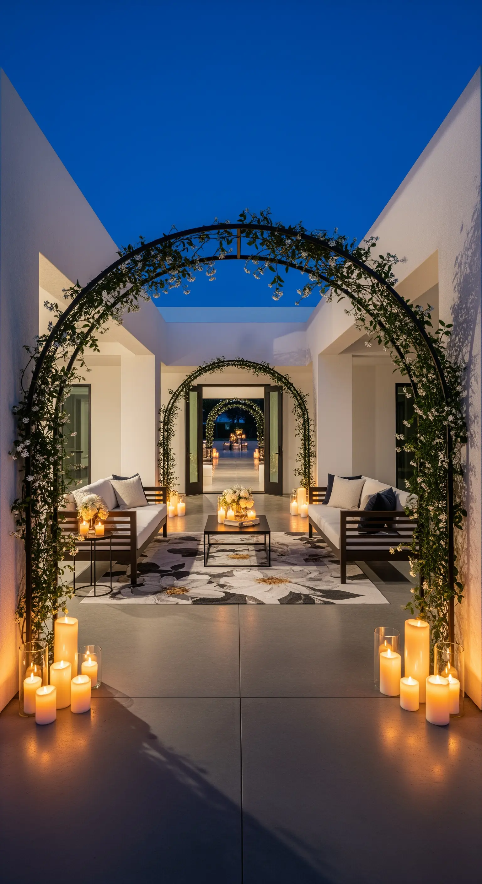 Corridoio esterno con una serie di archi neri minimalisti, divani bianchi e candele a terra