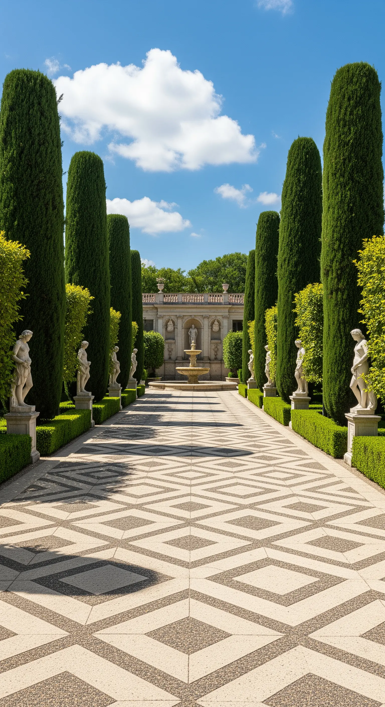 Lungo viale prospettico con alte file di cipressi, statue e una pavimentazione a rombi.