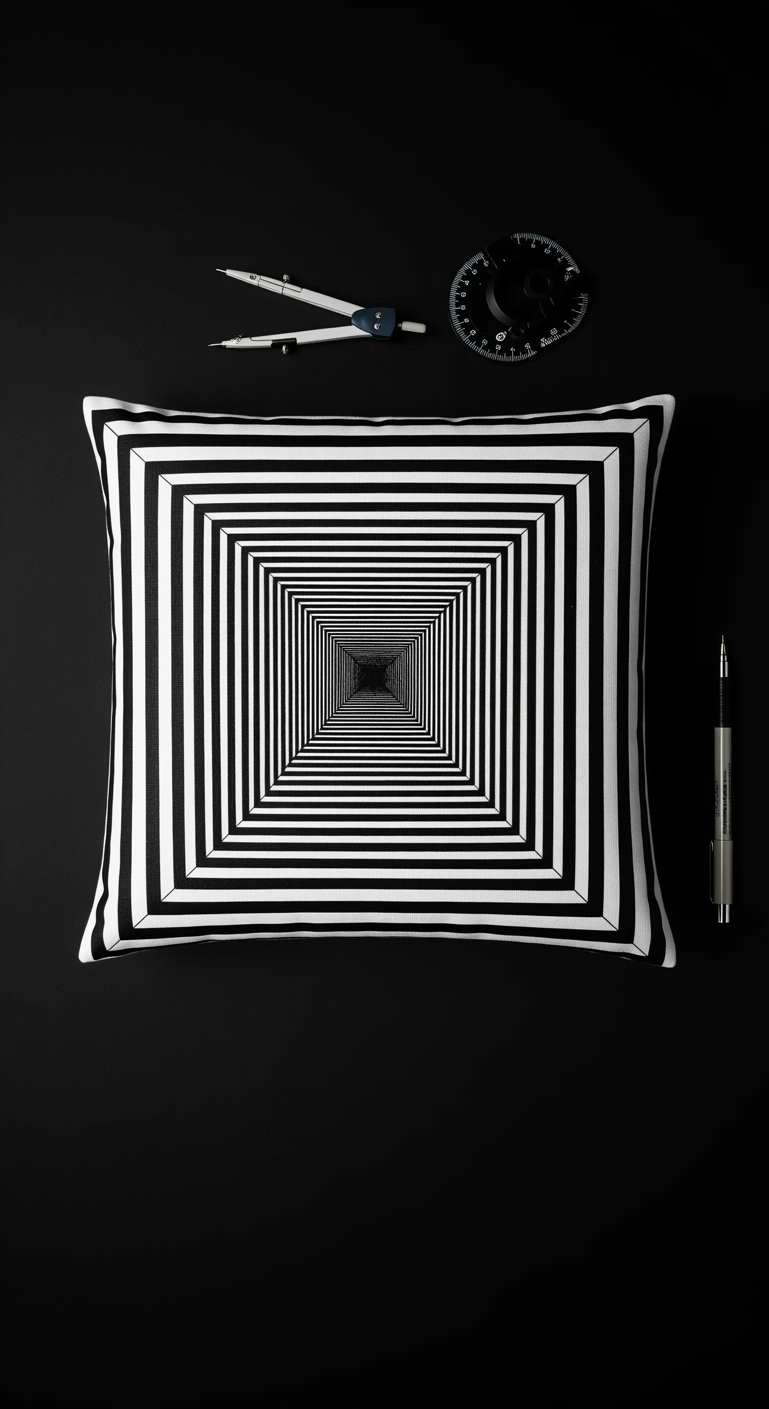 Cuscino con un'illusione ottica a tunnel in bianco e nero, su uno sfondo nero con compasso.