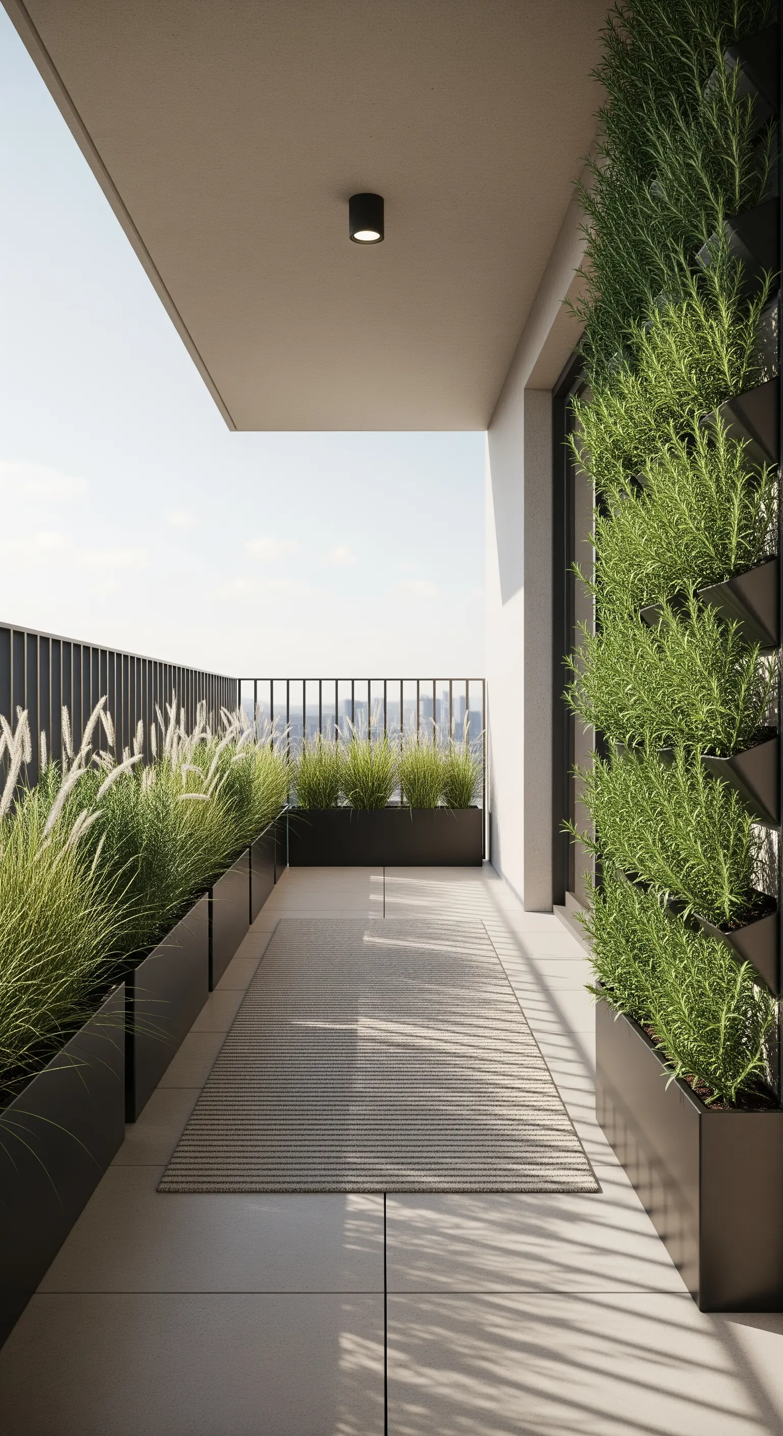Balcone lungo e stretto con fioriere nere e una parete verticale di rosmarino.