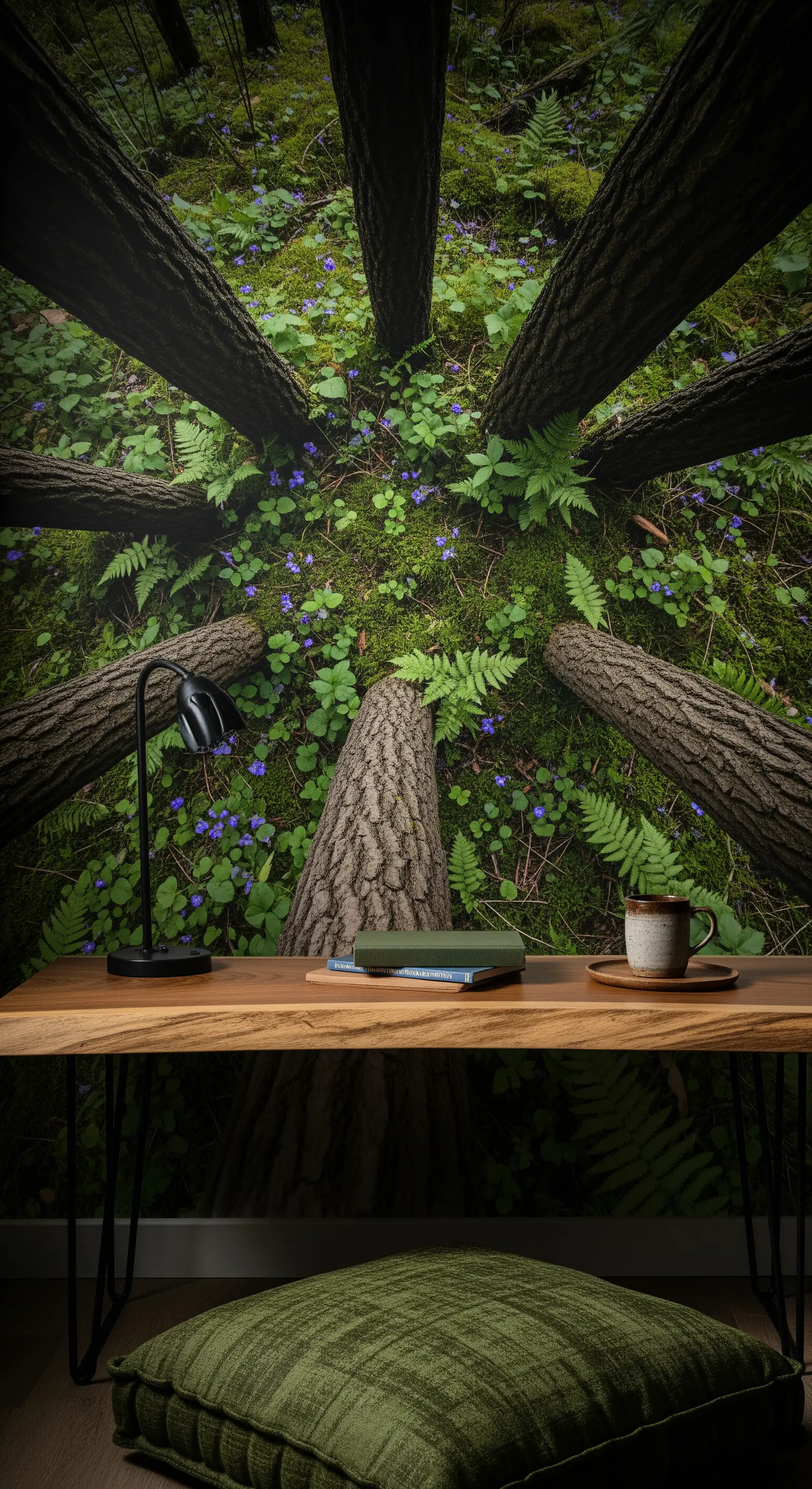 Scrivania in legno con gambe a forcina davanti a un murale che mostra la prospettiva del sottobosco.