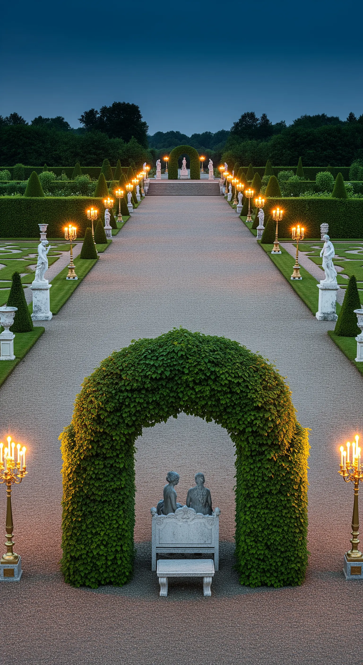 Giardino formale con un lungo viale, statue e un arco di edera che incornicia una coppia di statue.