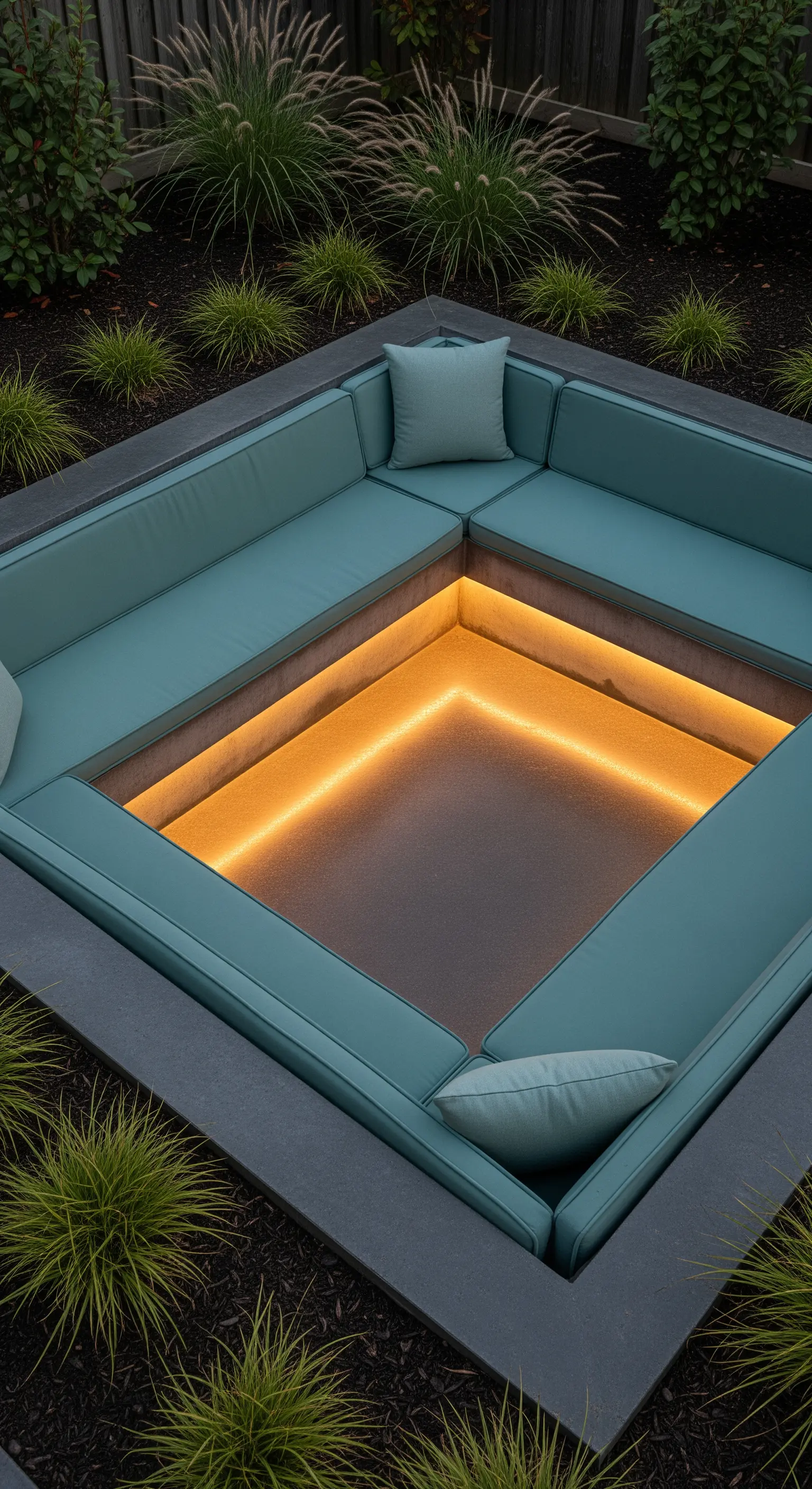 Salotto esterno ribassato con cuscini verde acqua e illuminazione LED centrale.