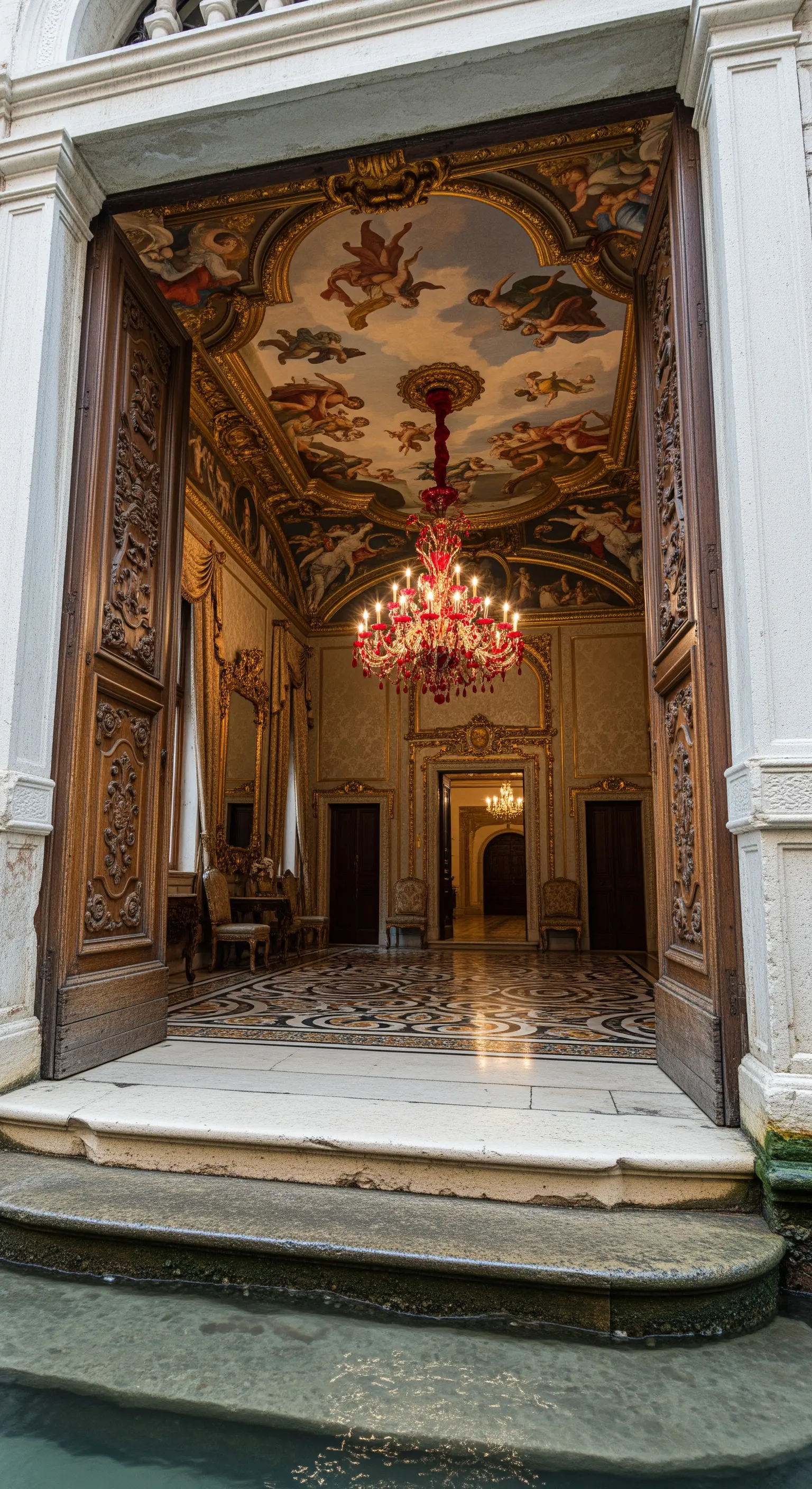 Vista di un sontuoso ingresso veneziano da un canale, con porte aperte su un lampadario rosso.