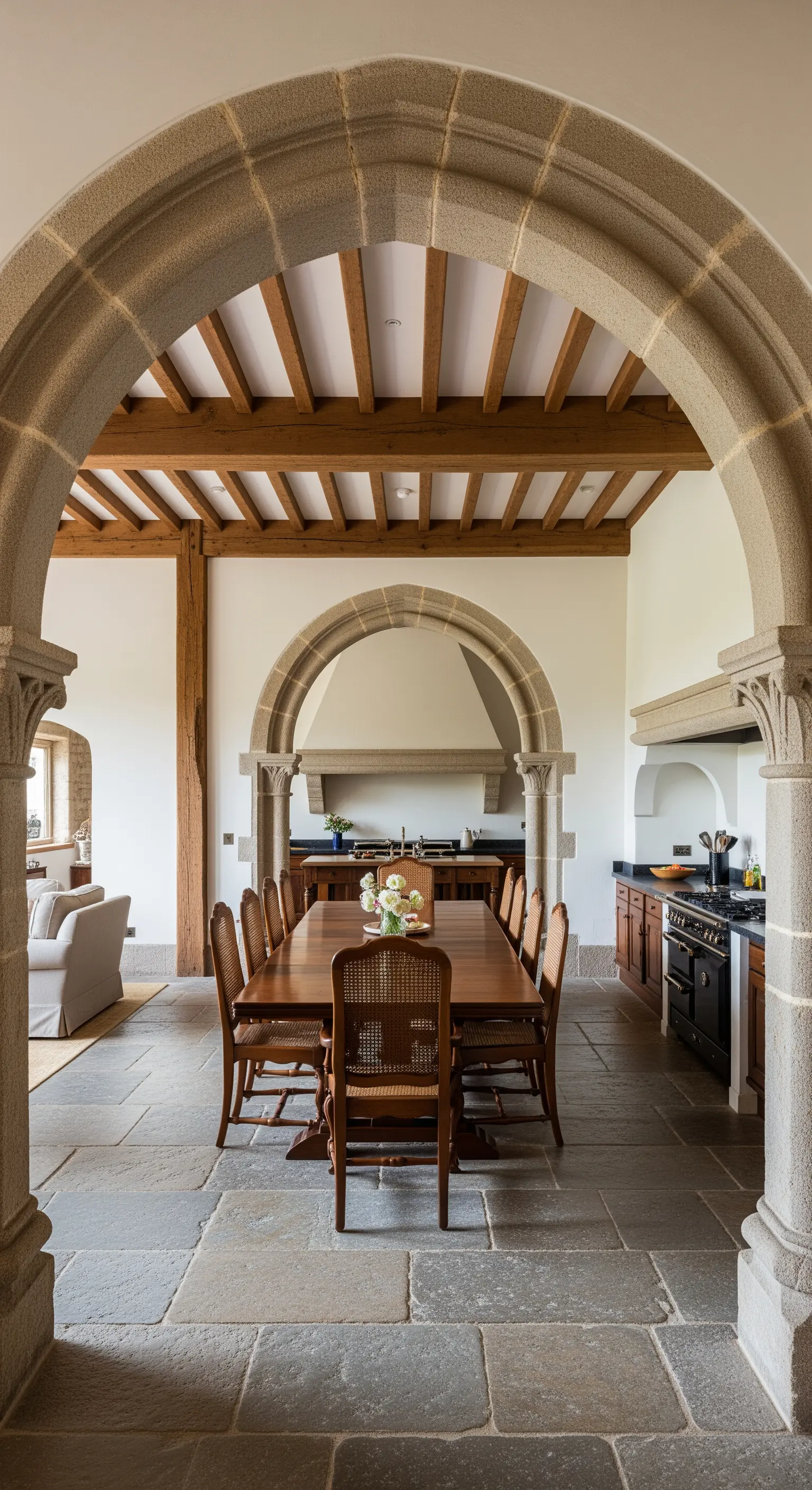 Vista di una cucina rustica attraverso un imponente arco in pietra a tutto sesto.