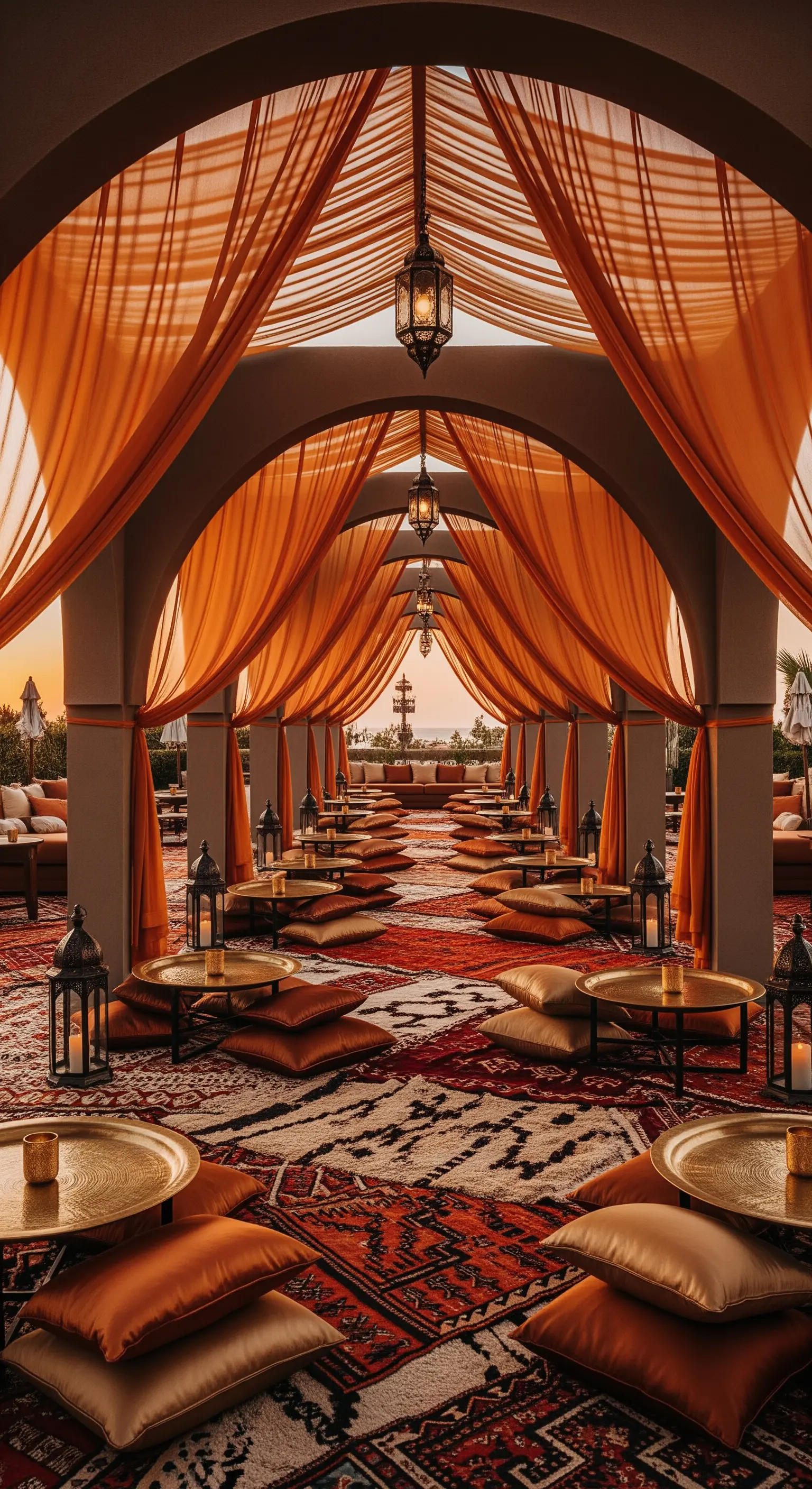 Grande patio in stile marocchino con tende arancioni, tappeti persiani e cuscini da pavimento.