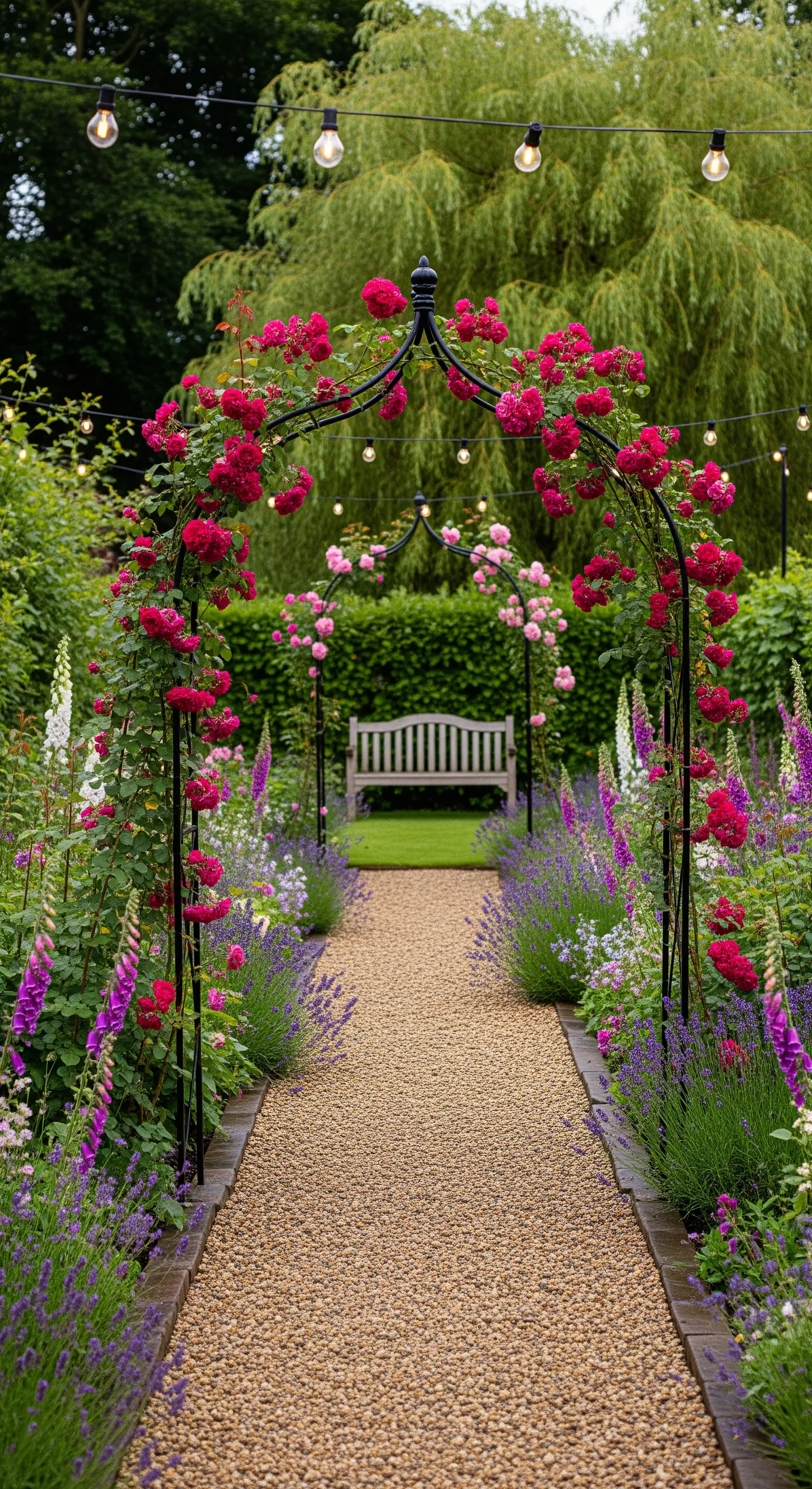 Sentiero in ghiaia incorniciato da archi di rose rosse e bordure di lavanda viola.