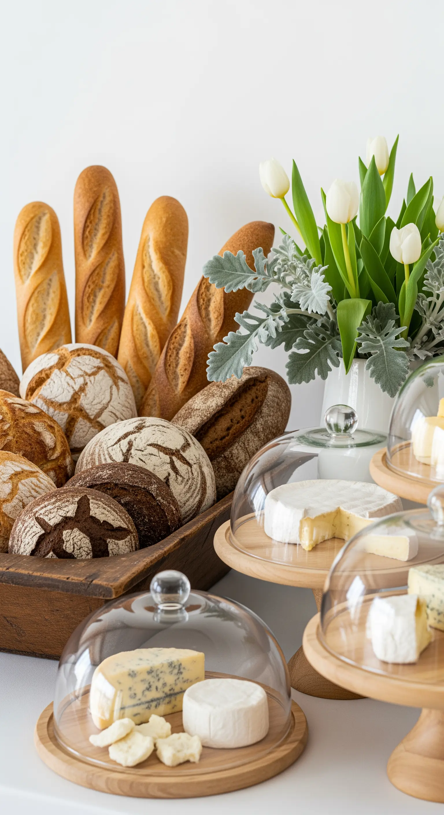 Pane e formaggi presentati su alzate in legno e protetti da campane di vetro.