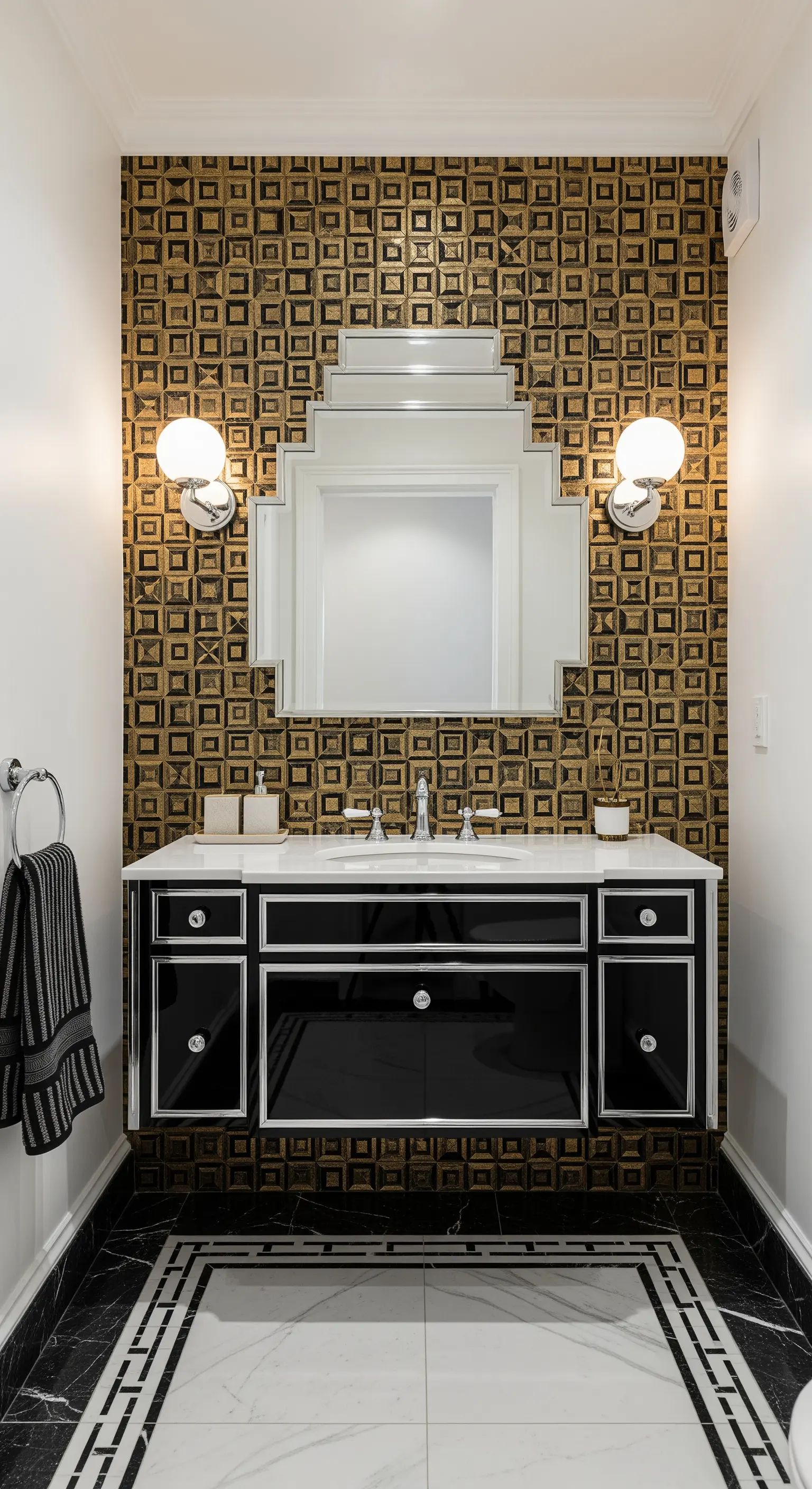 Bagno con carta da parati geometrica oro e nera e mobile sospeso laccato nero.