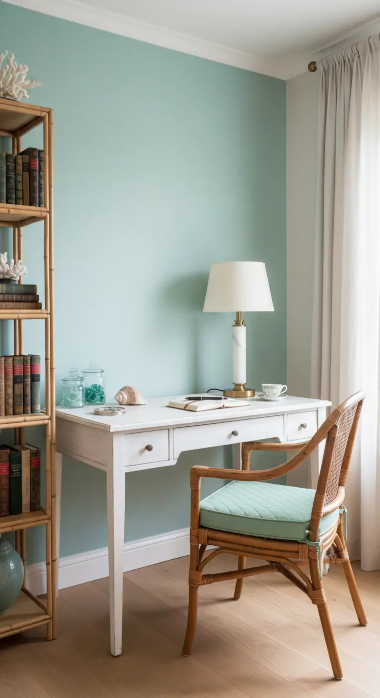 Angolo studio con parete verde acqua, scrivania bianca e sedia e libreria in bambù.