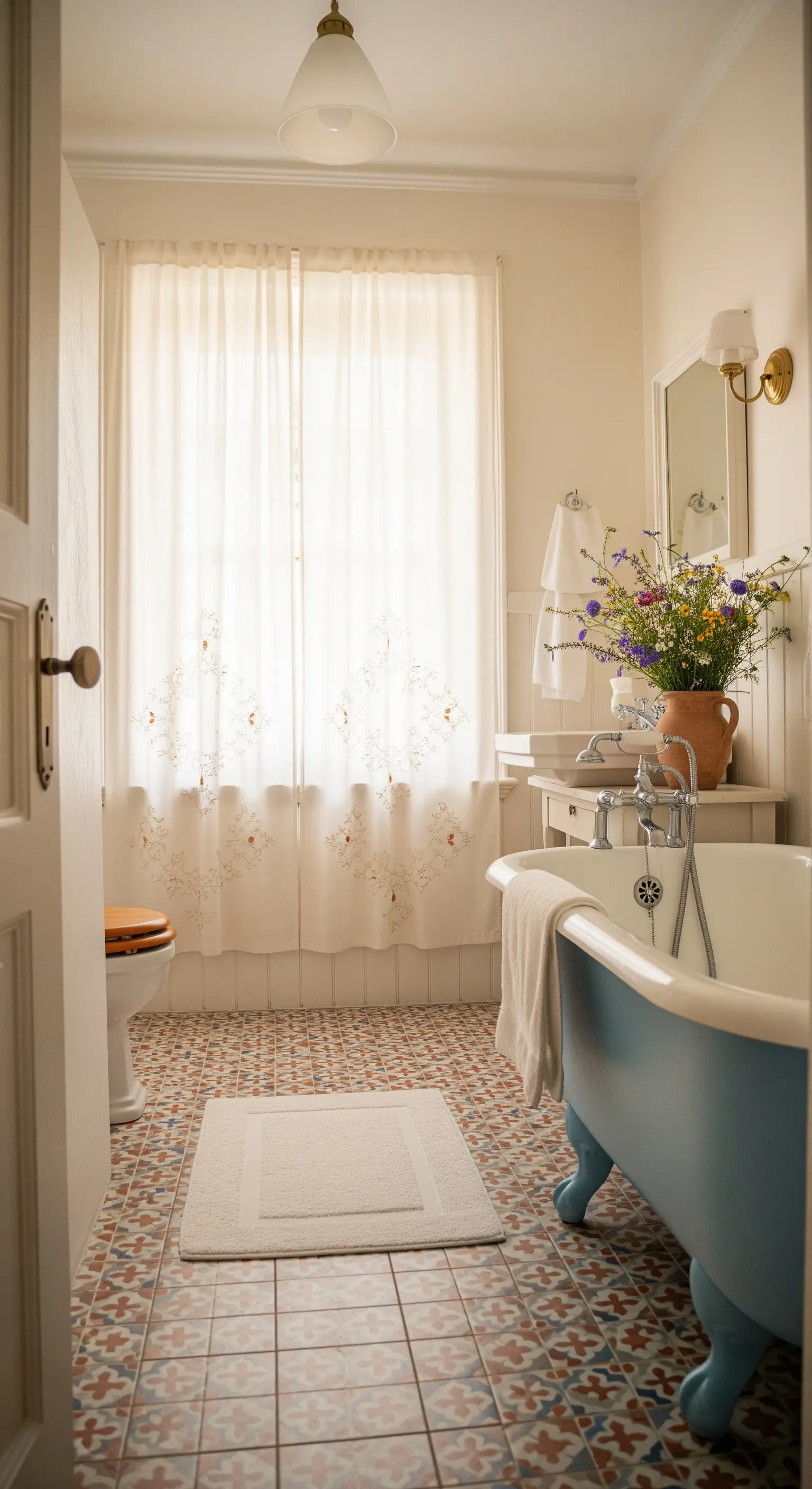 Bagno vintage con vasca con piedini azzurri e pavimento in cementine colorate.