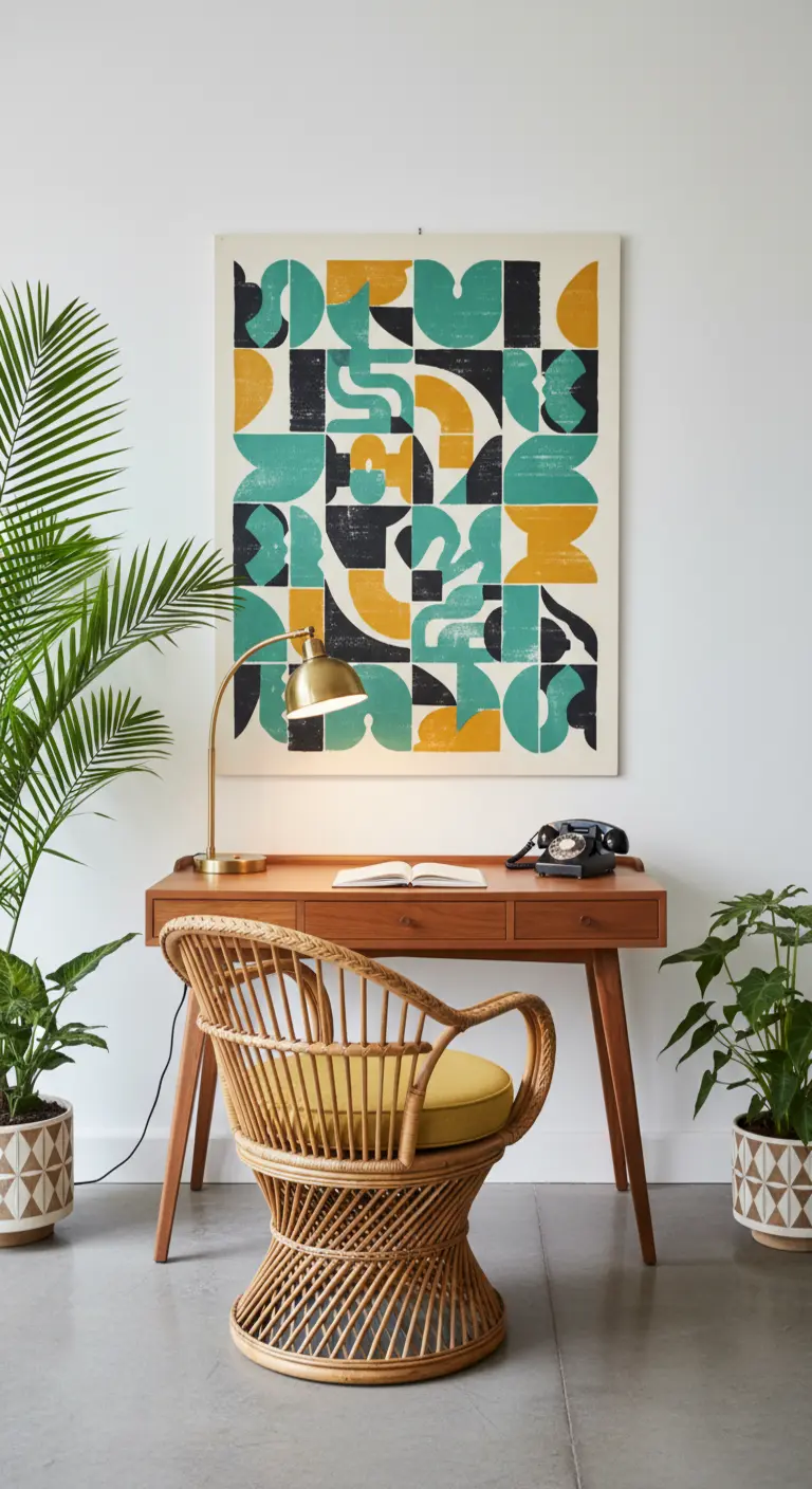 Scrivania in legno e sedia in rattan sotto un grande quadro astratto con blocchi di colore.
