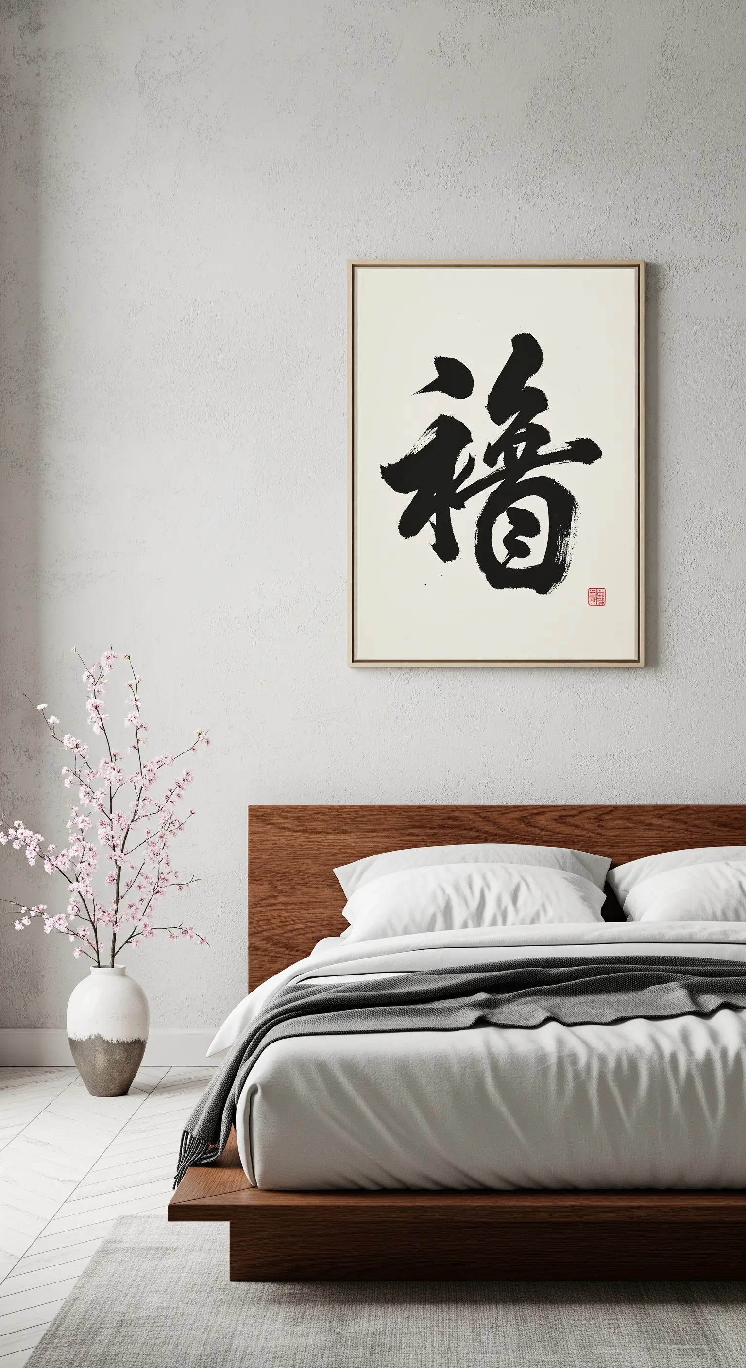 Quadro con ideogramma calligrafico nero appeso in una camera da letto minimalista con letto in legno.